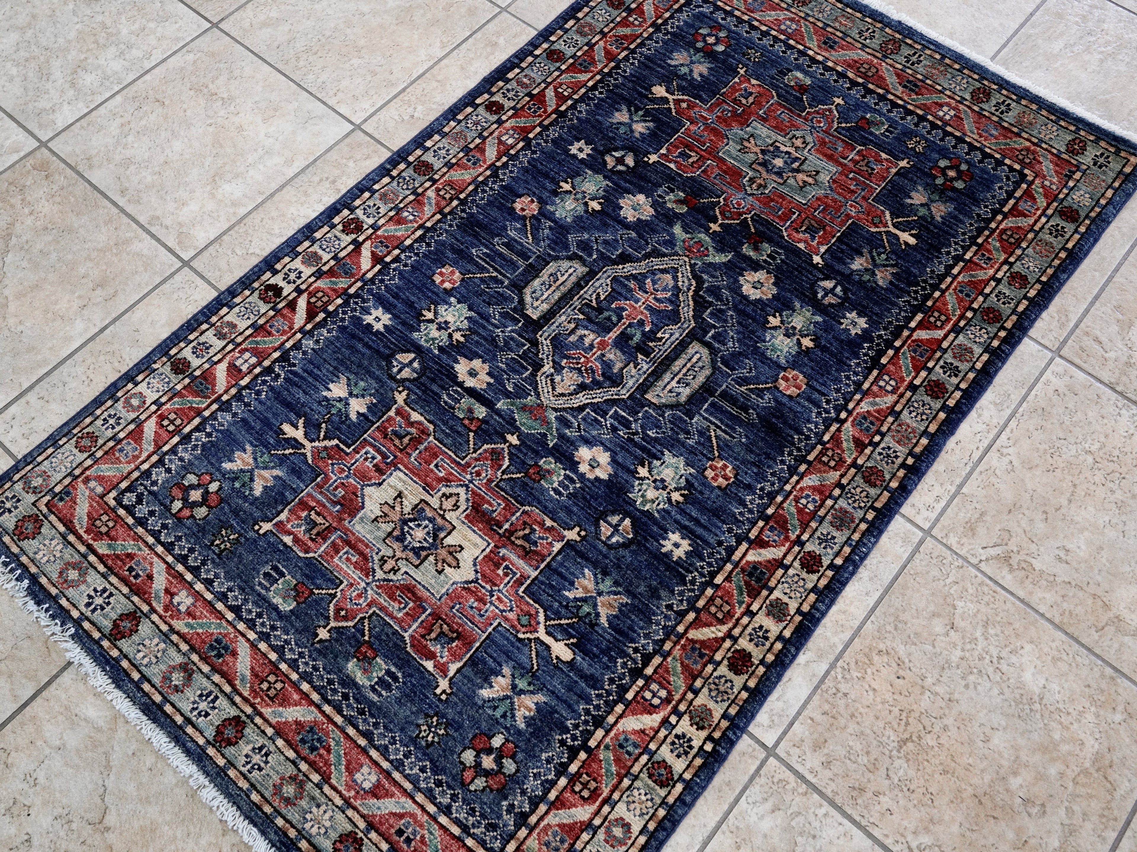 3x5 Ft Blue Afghan Oriental Rug - Hand Knotted Area Rug