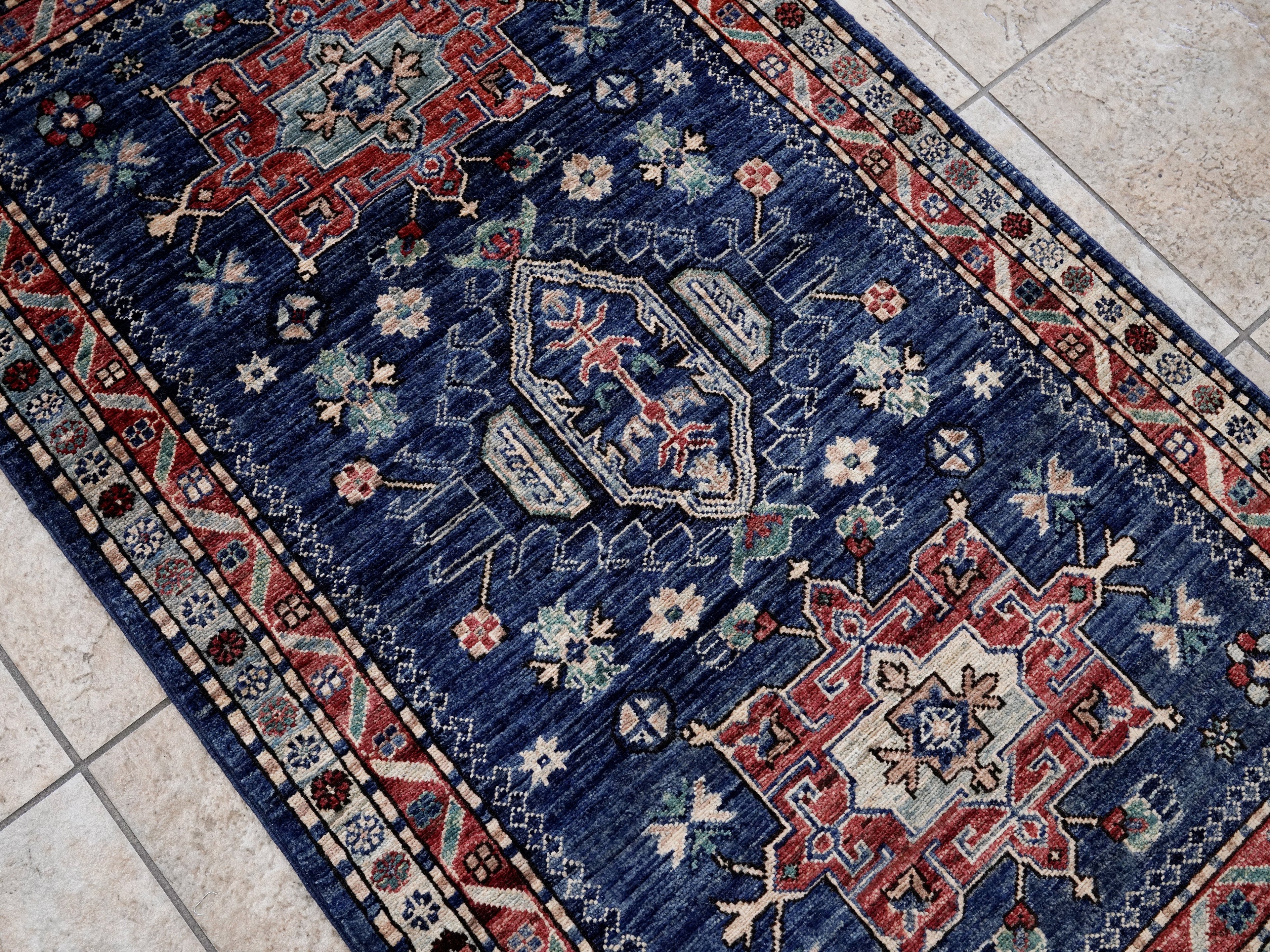 3x5 Ft Blue Afghan Oriental Rug - Hand Knotted Area Rug