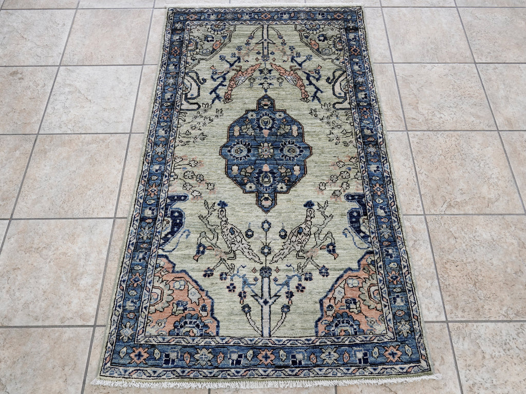 3x5 Ft Blue & Green Afghan Oriental Rug - Hand Knotted Area Rug