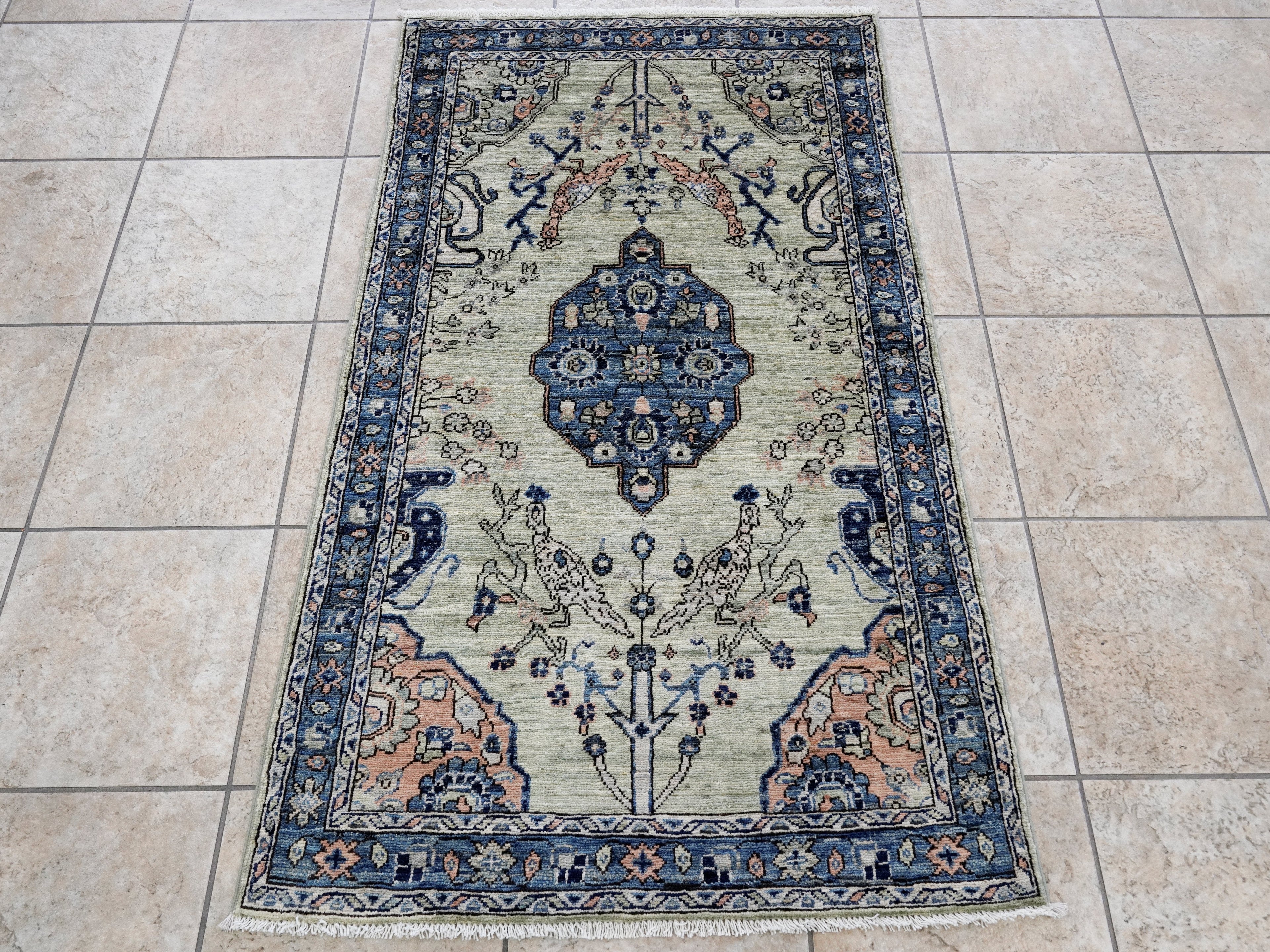 3x5 Ft Blue & Green Afghan Oriental Rug - Hand Knotted Area Rug