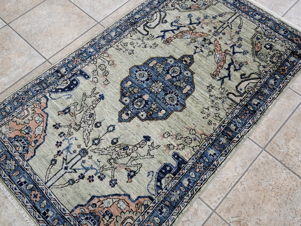 3x5 Ft Blue & Green Afghan Oriental Rug - Hand Knotted Area Rug
