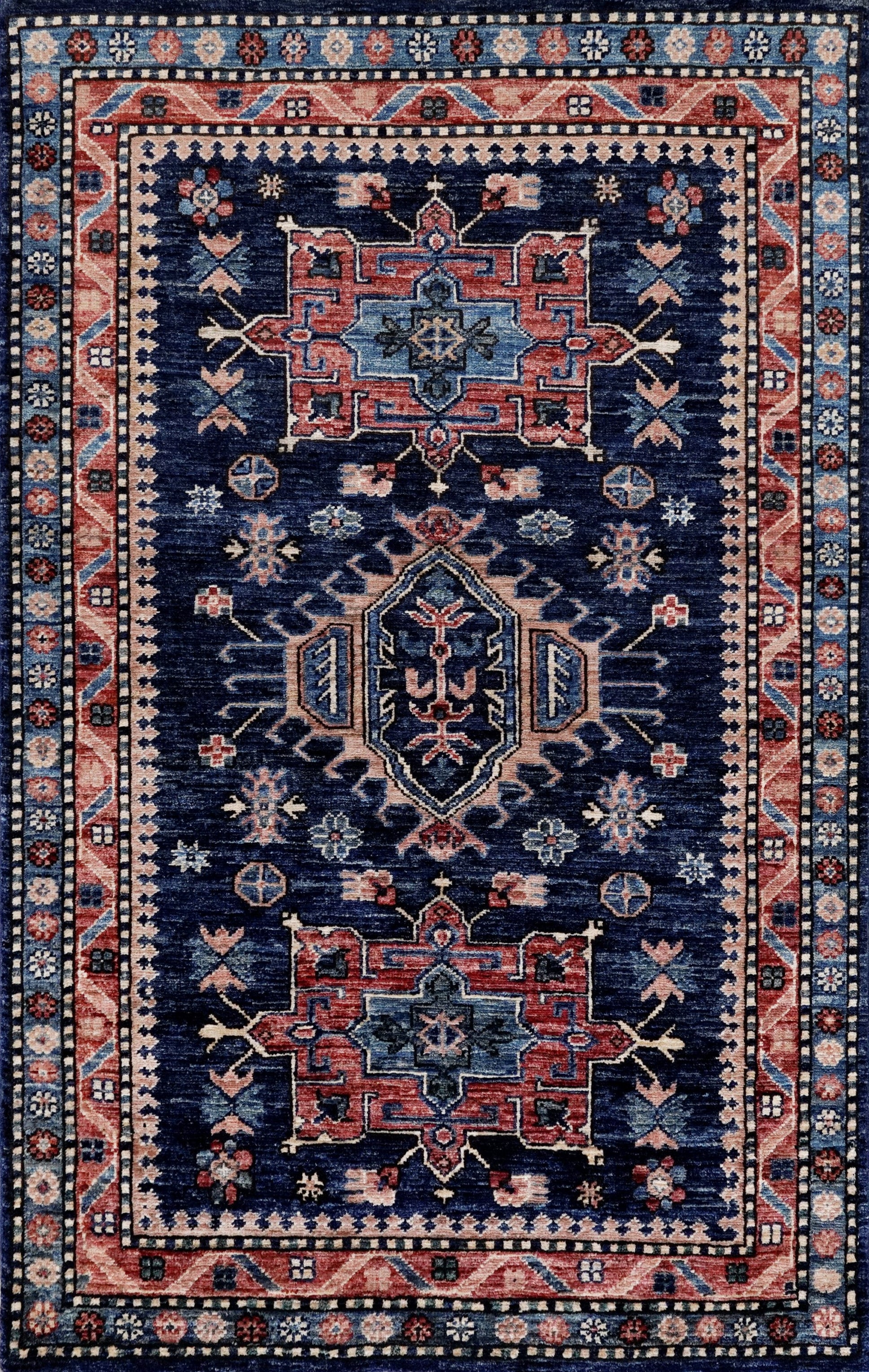 3x5 Ft Blue Afghan Oriental Rug - Hand Knotted Area Rug