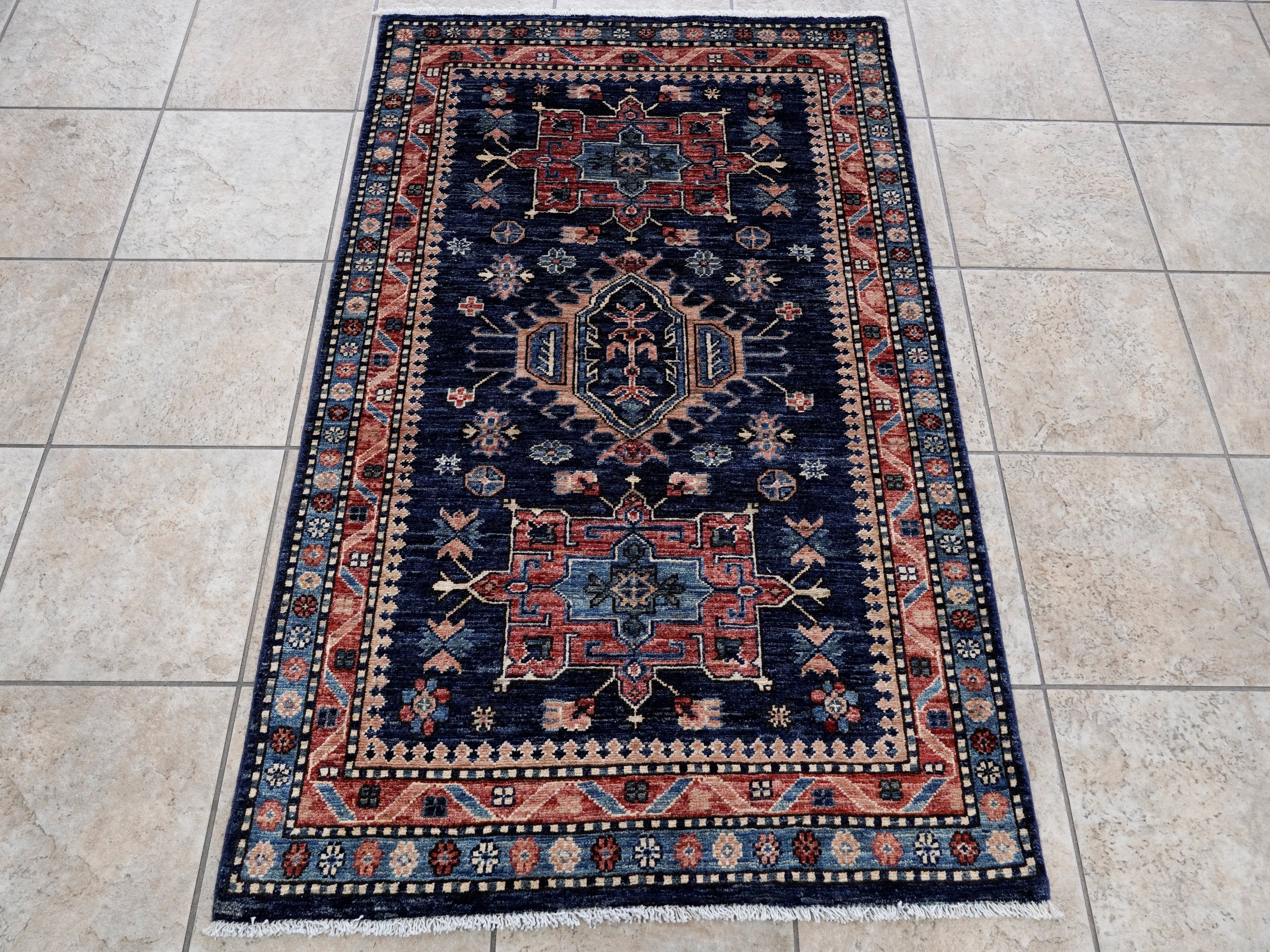 3x5 Ft Blue Afghan Oriental Rug - Hand Knotted Area Rug