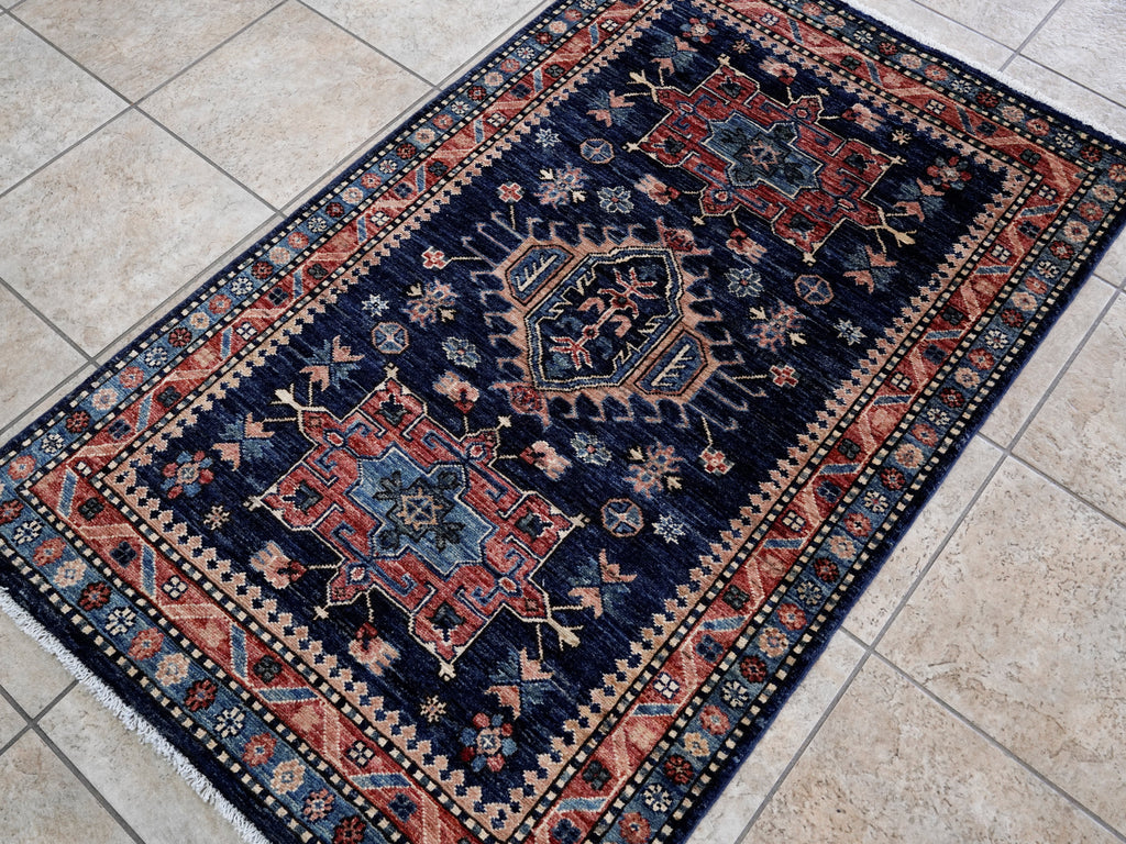 3x5 Ft Blue Afghan Oriental Rug - Hand Knotted Area Rug