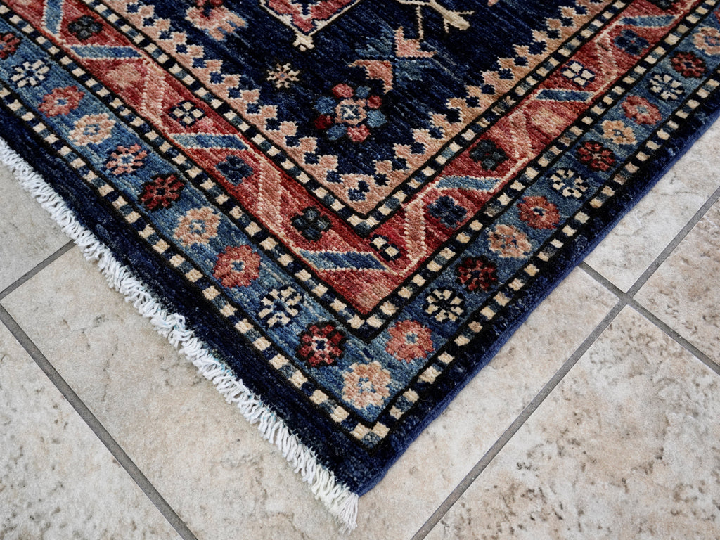3x5 Ft Blue Afghan Oriental Rug - Hand Knotted Area Rug