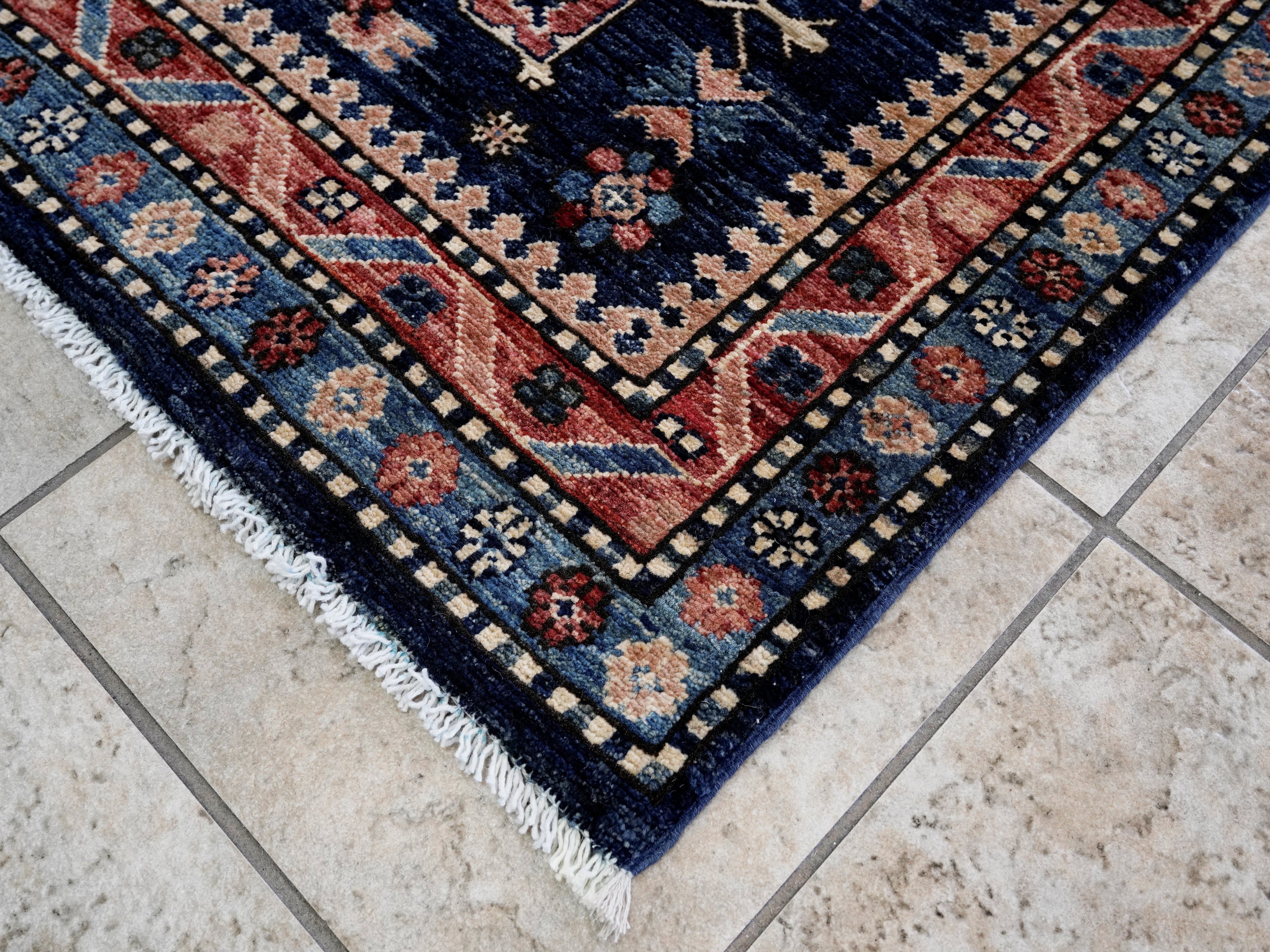 3x5 Ft Blue Afghan Oriental Rug - Hand Knotted Area Rug
