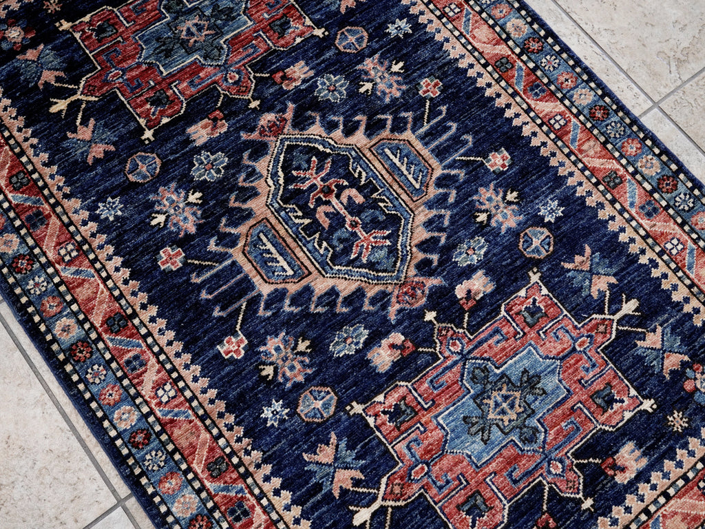 3x5 Ft Blue Afghan Oriental Rug - Hand Knotted Area Rug