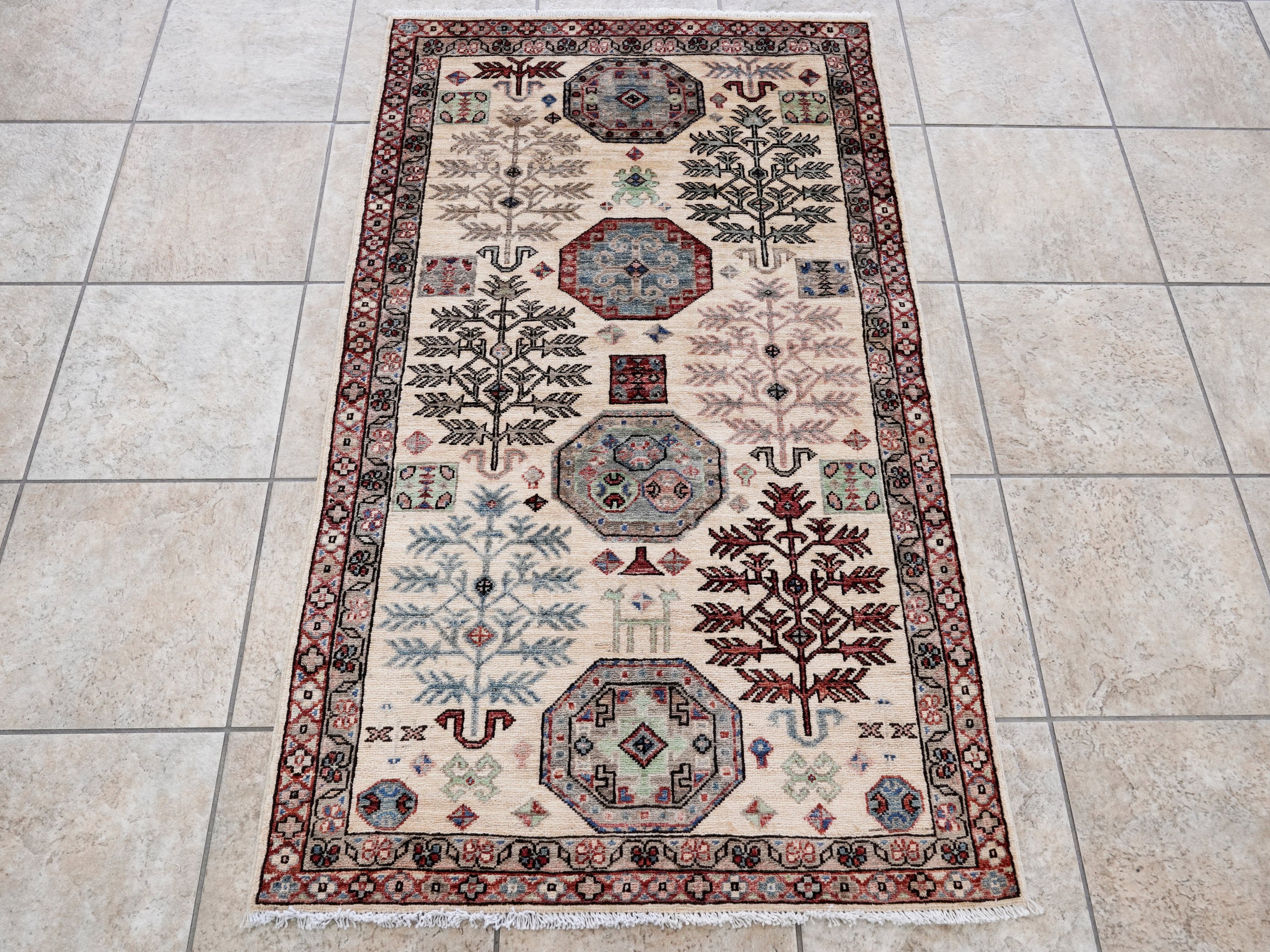 3x5 Ft Beige Afghan Oriental Rug - Hand Knotted Area Rug