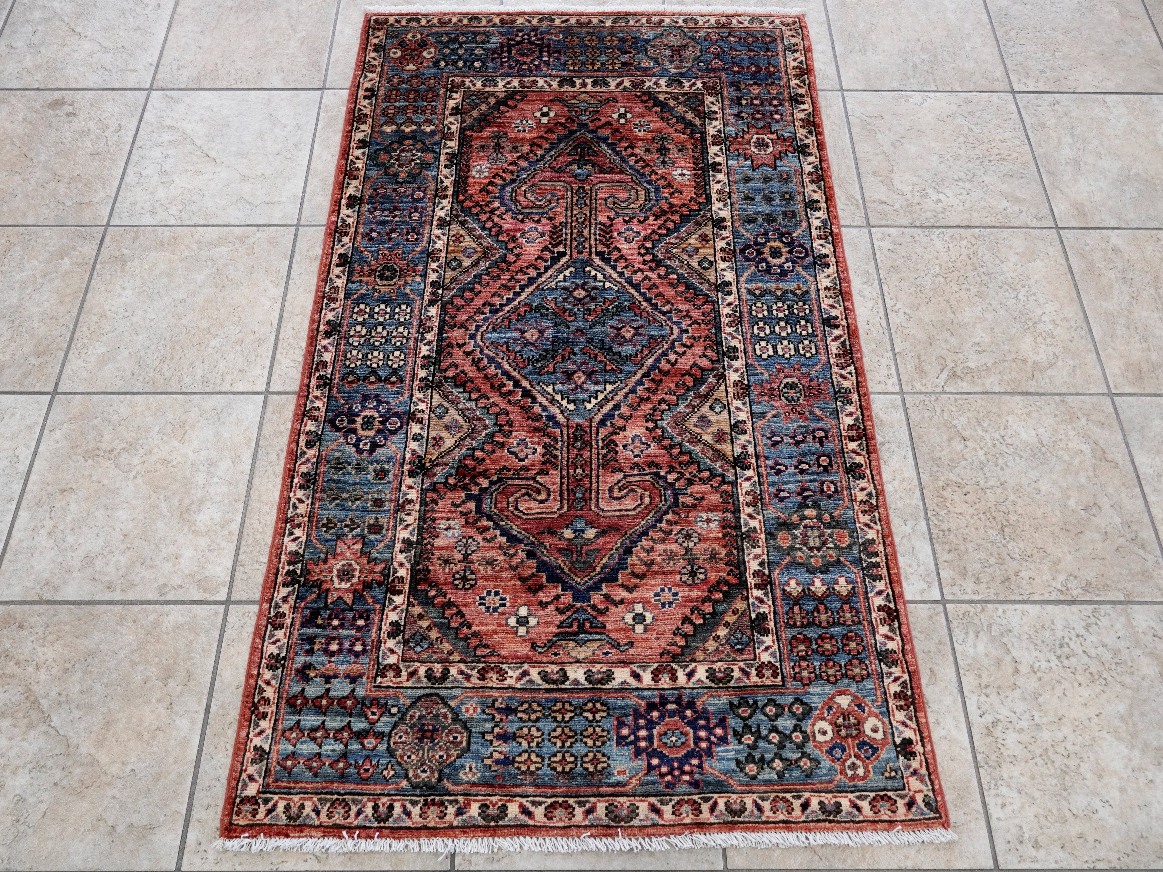 3x5 Ft Red Afghan Oriental Rug - Hand Knotted Wool Rug