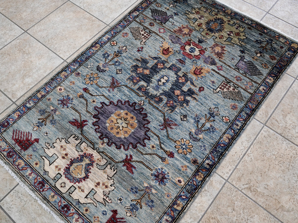 3x5 Ft Blue Floral Rug - Hand Knotted Area Rug