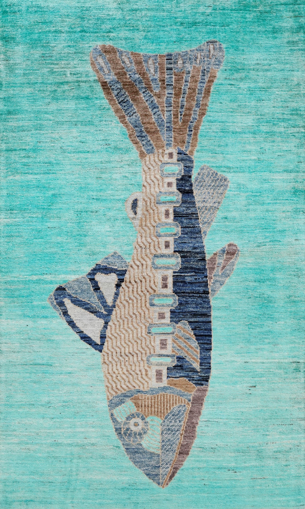 3x5 Ft Turquoise Fish Rug - Hand Knotted Afghan Rug - Animal Design