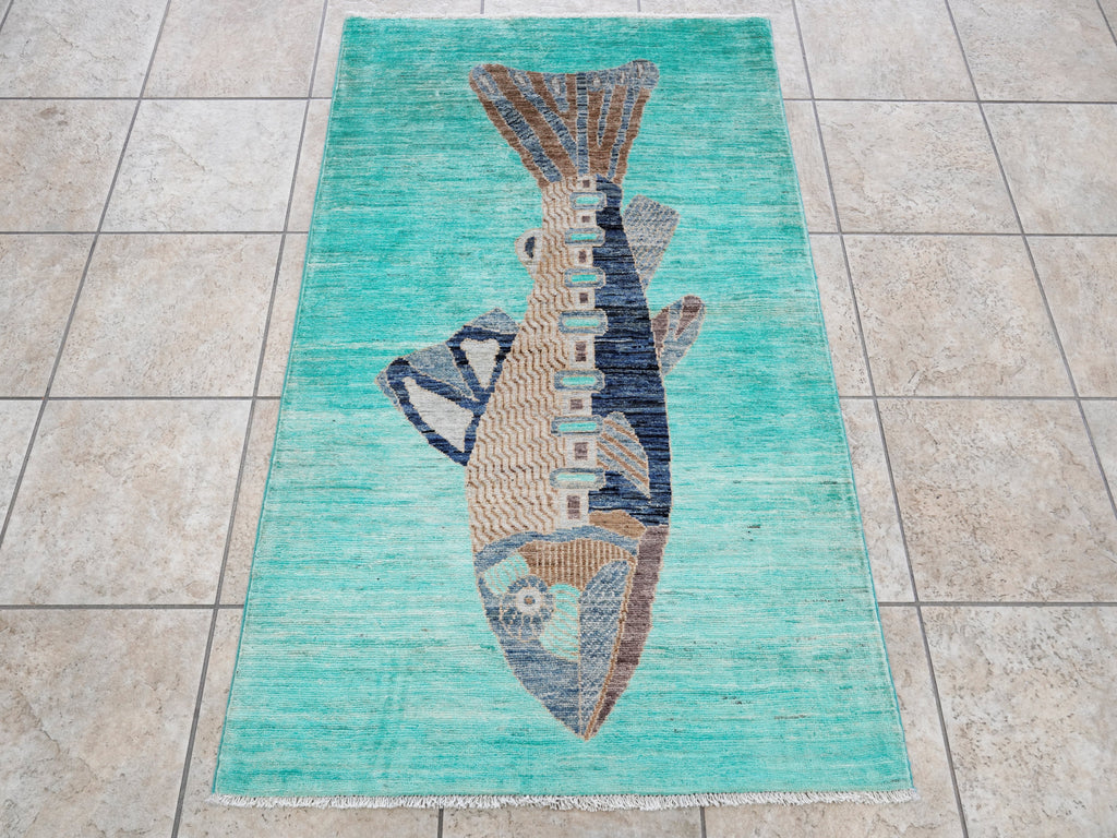 3x5 Ft Turquoise Fish Rug - Hand Knotted Afghan Rug - Animal Design