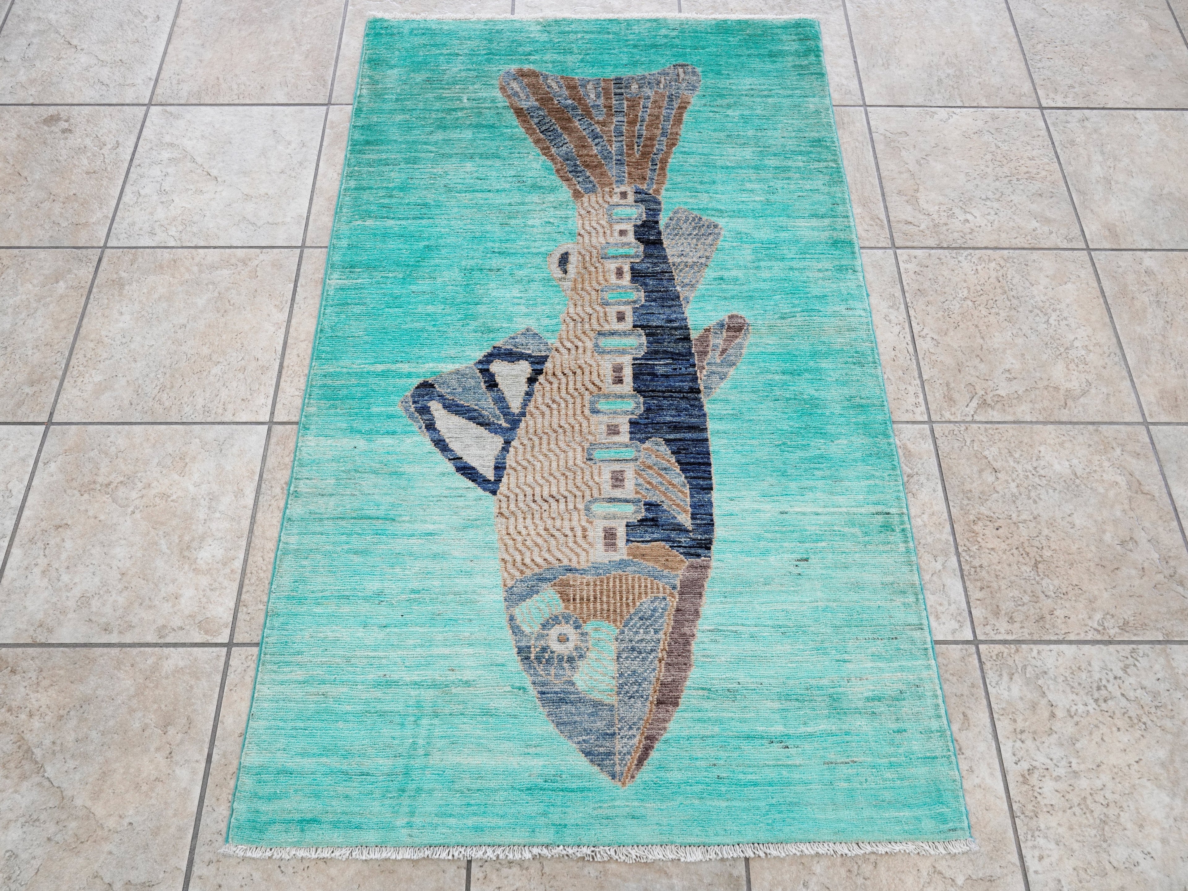 3x5 Ft Turquoise Fish Rug - Hand Knotted Afghan Rug - Animal Design