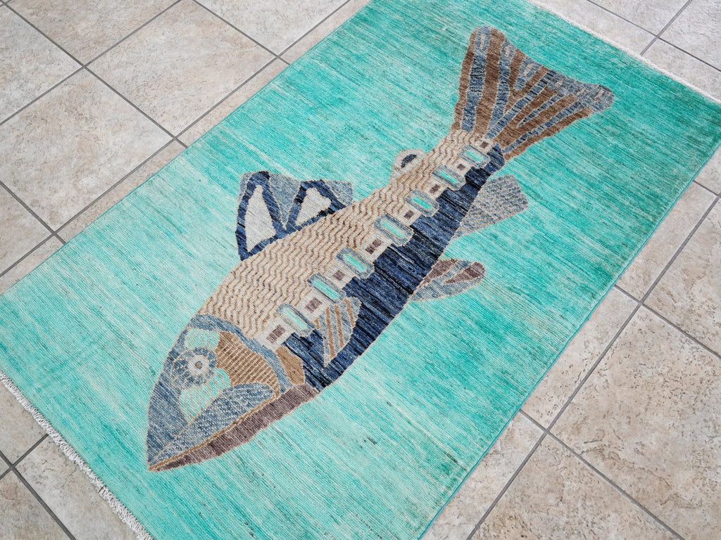 3x5 Ft Turquoise Fish Rug - Hand Knotted Afghan Rug - Animal Design