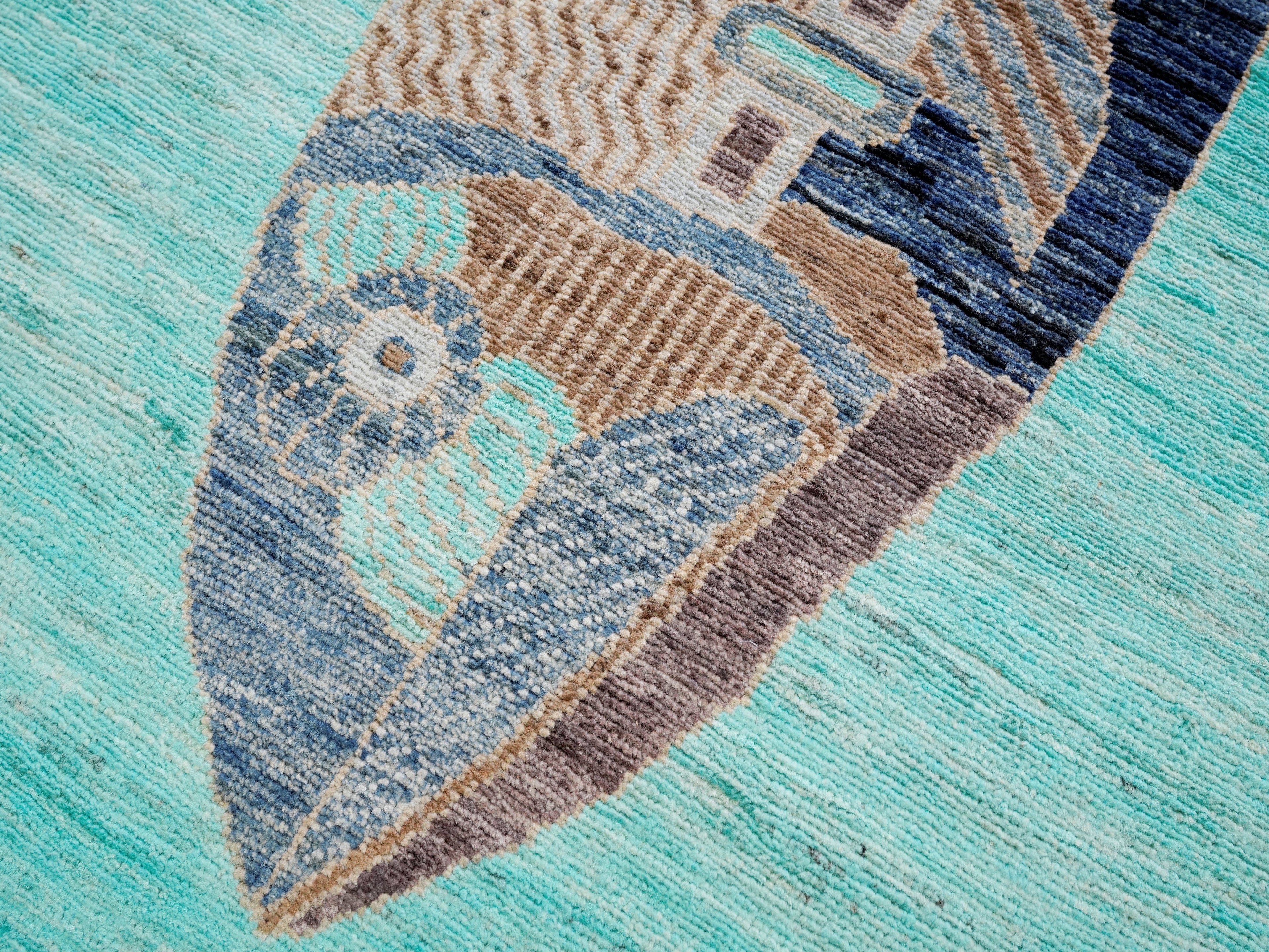 3x5 Ft Turquoise Fish Rug - Hand Knotted Afghan Rug - Animal Design