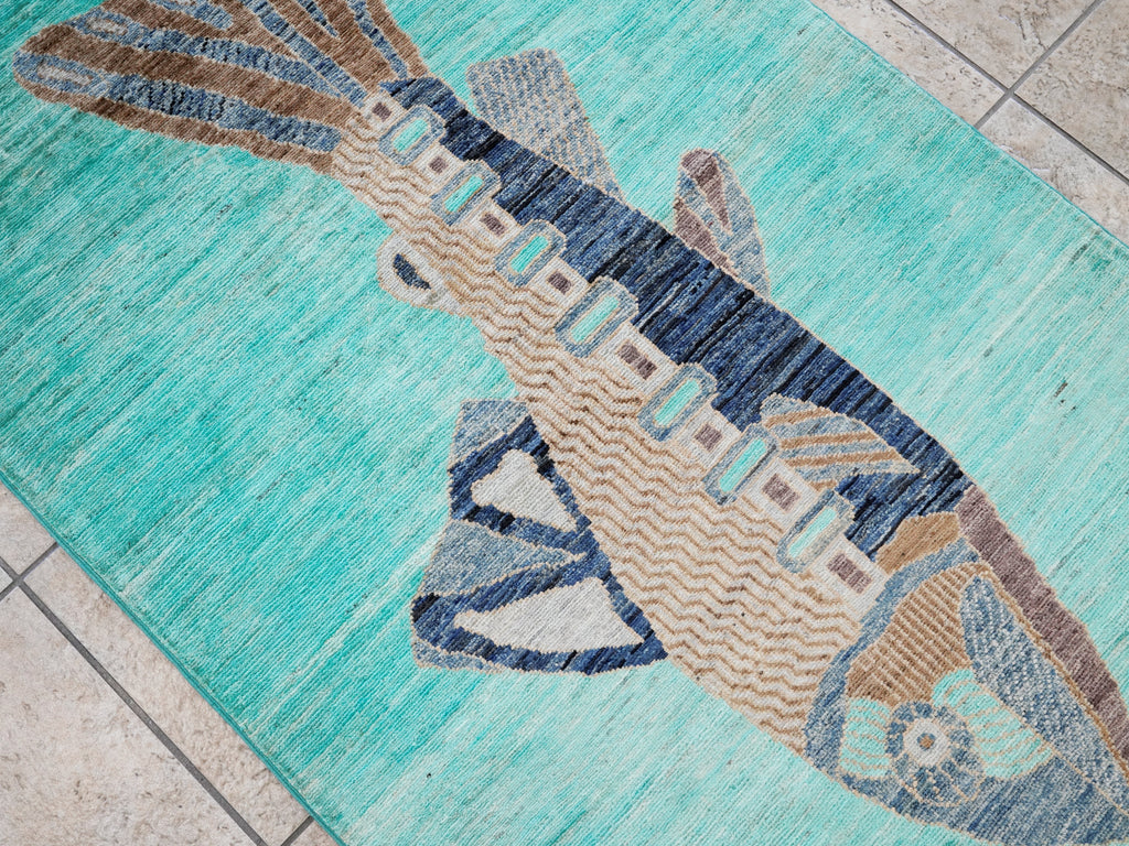 3x5 Ft Turquoise Fish Rug - Hand Knotted Afghan Rug - Animal Design
