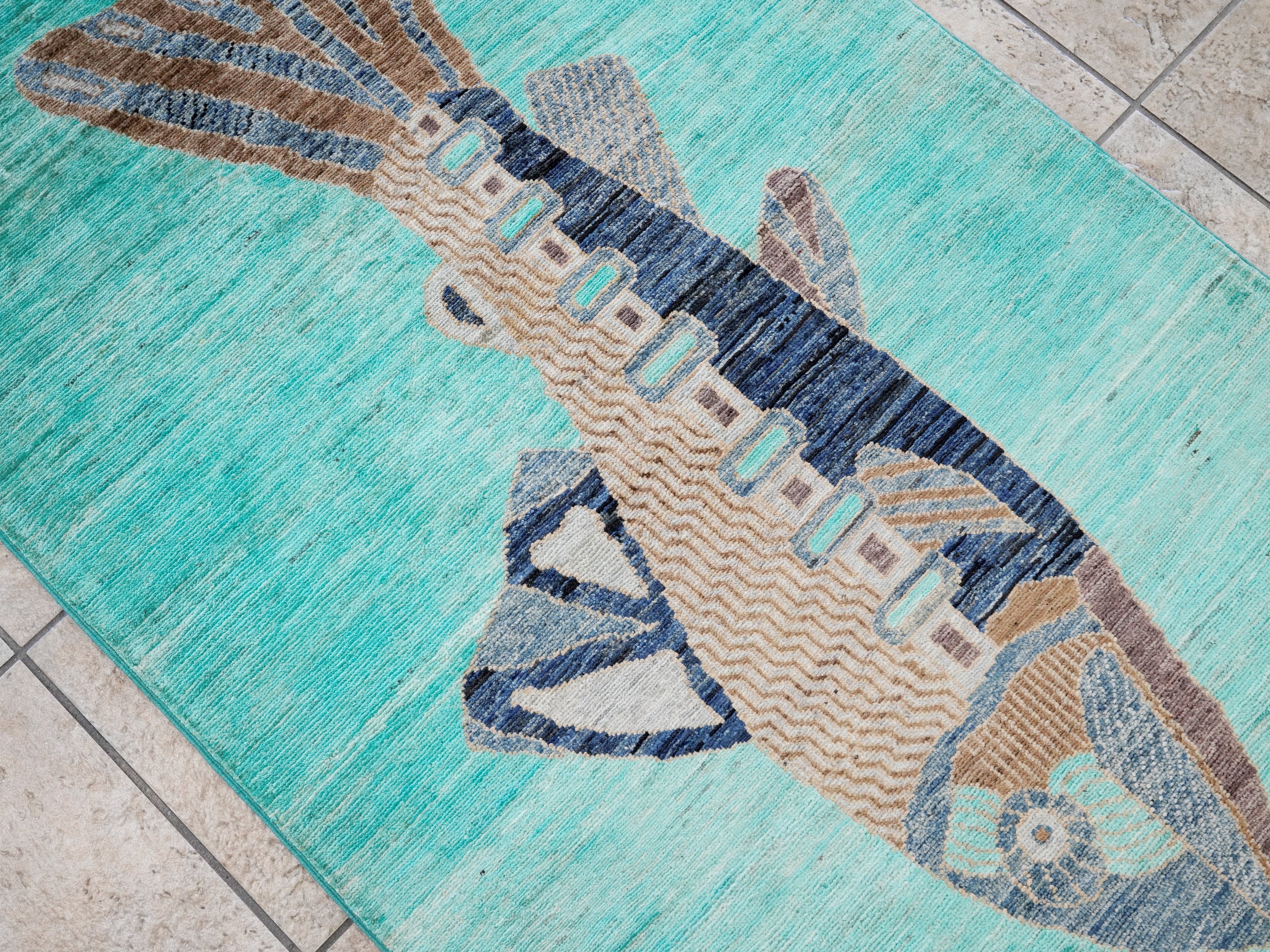 3x5 Ft Turquoise Fish Rug - Hand Knotted Afghan Rug - Animal Design