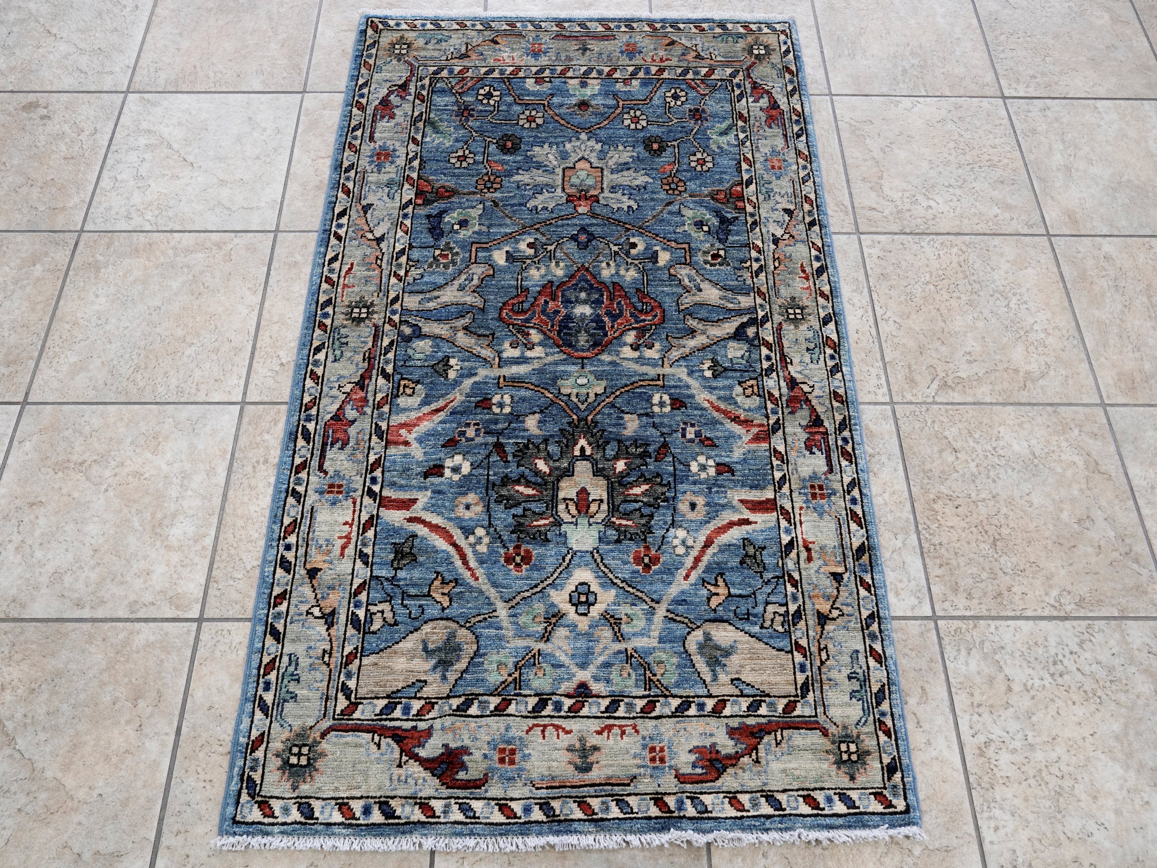3x5 Ft Light Blue Afghan Oriental Rug - Hand Knotted Area Rug