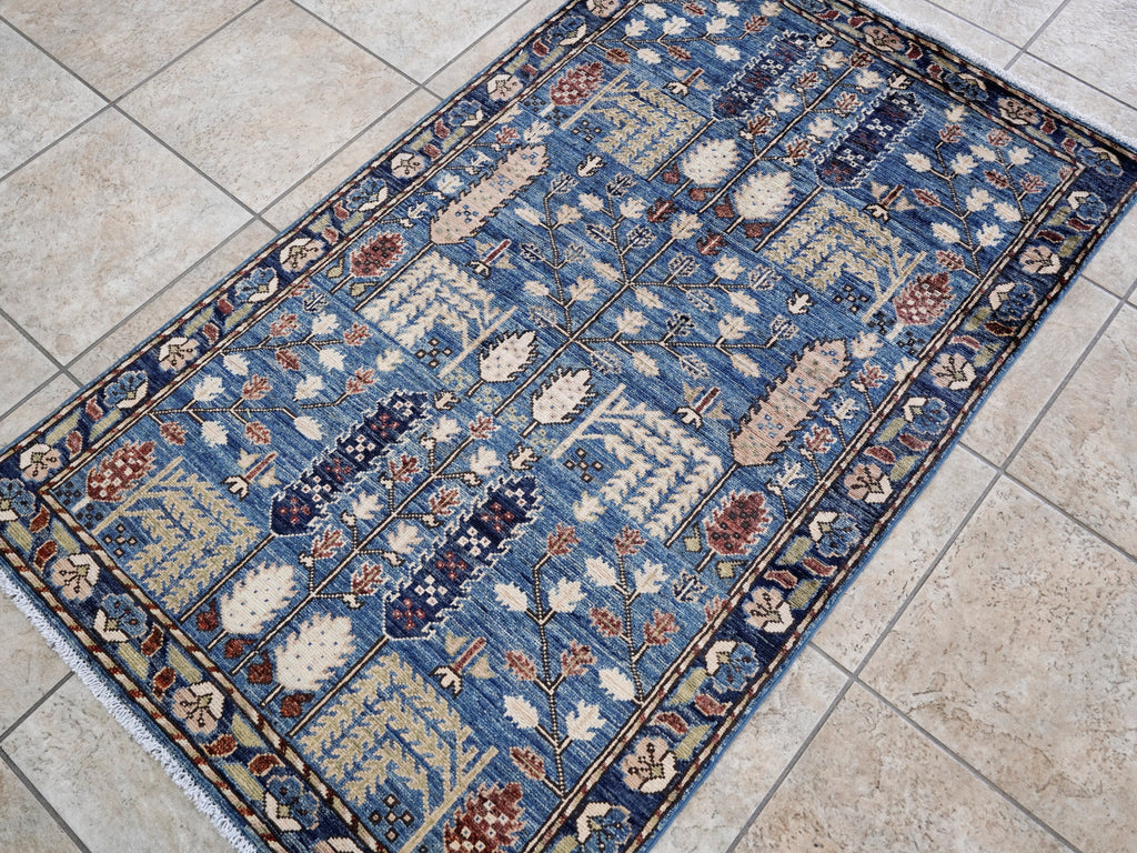 3x5 Ft Blue Floral Rug - Hand Knotted Area Rug