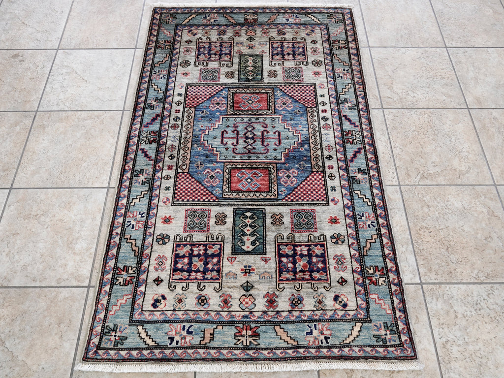 3x5 Ft Silver Afghan Oriental Rug - Hand Knotted Wool Rug