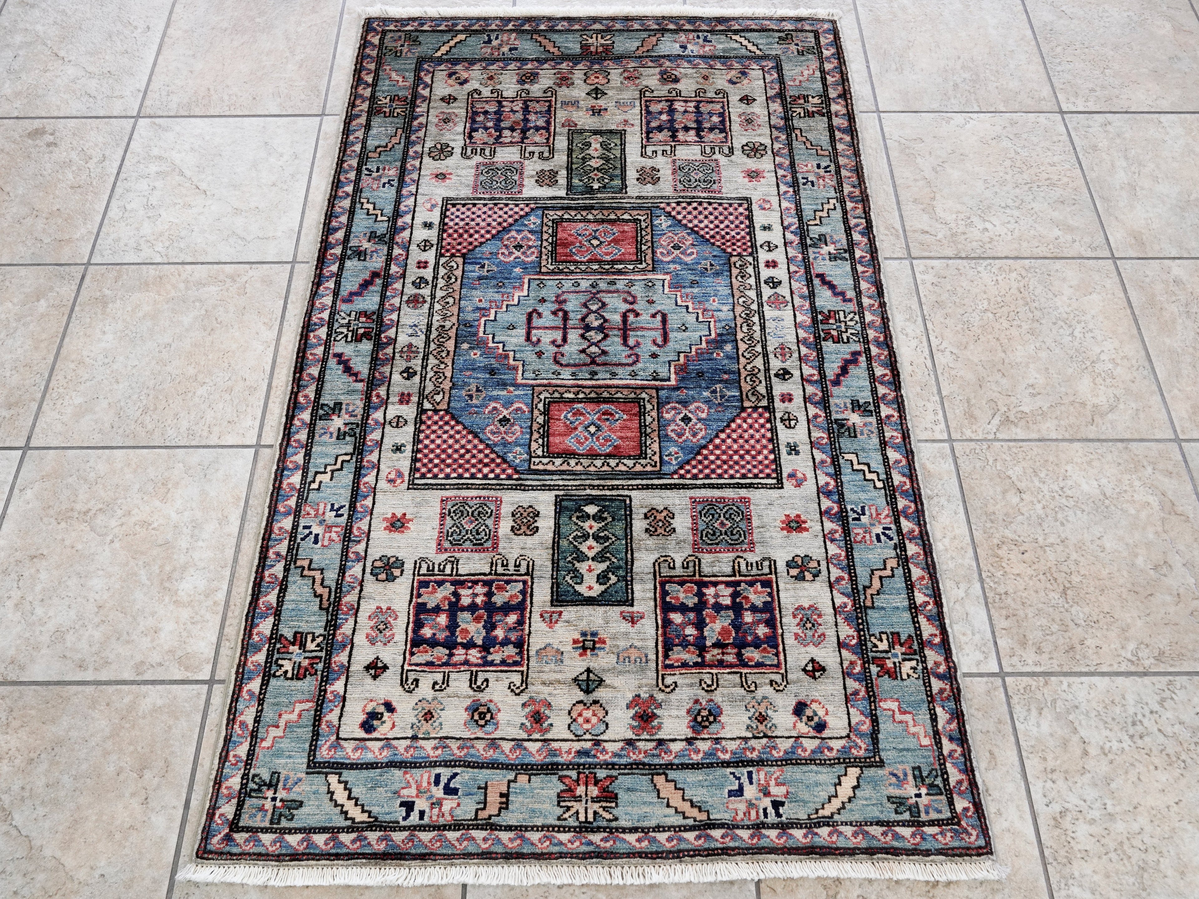 3x5 Ft Silver Afghan Oriental Rug - Hand Knotted Wool Rug
