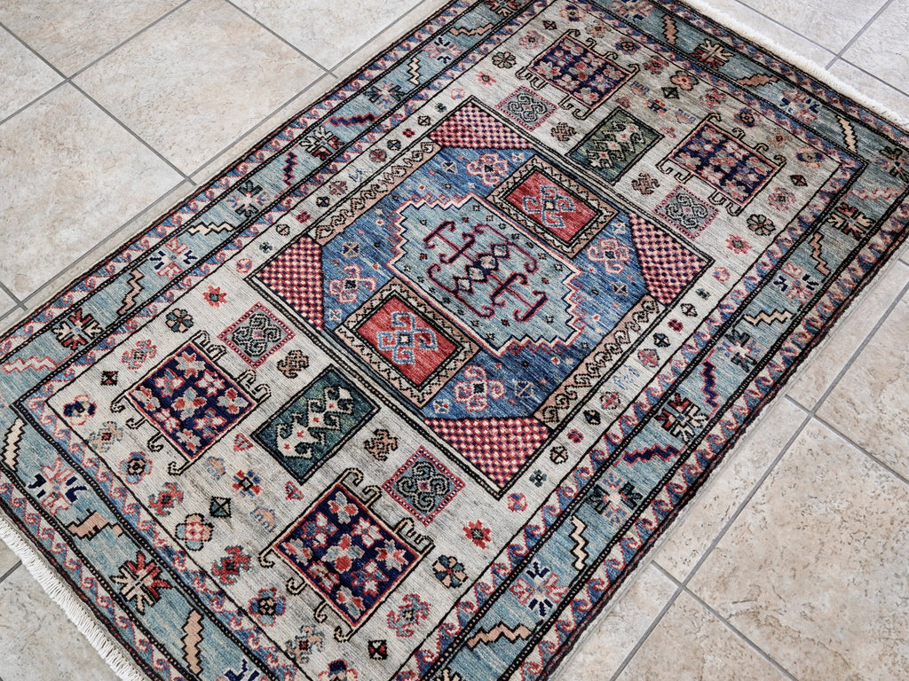3x5 Ft Silver Afghan Oriental Rug - Hand Knotted Wool Rug