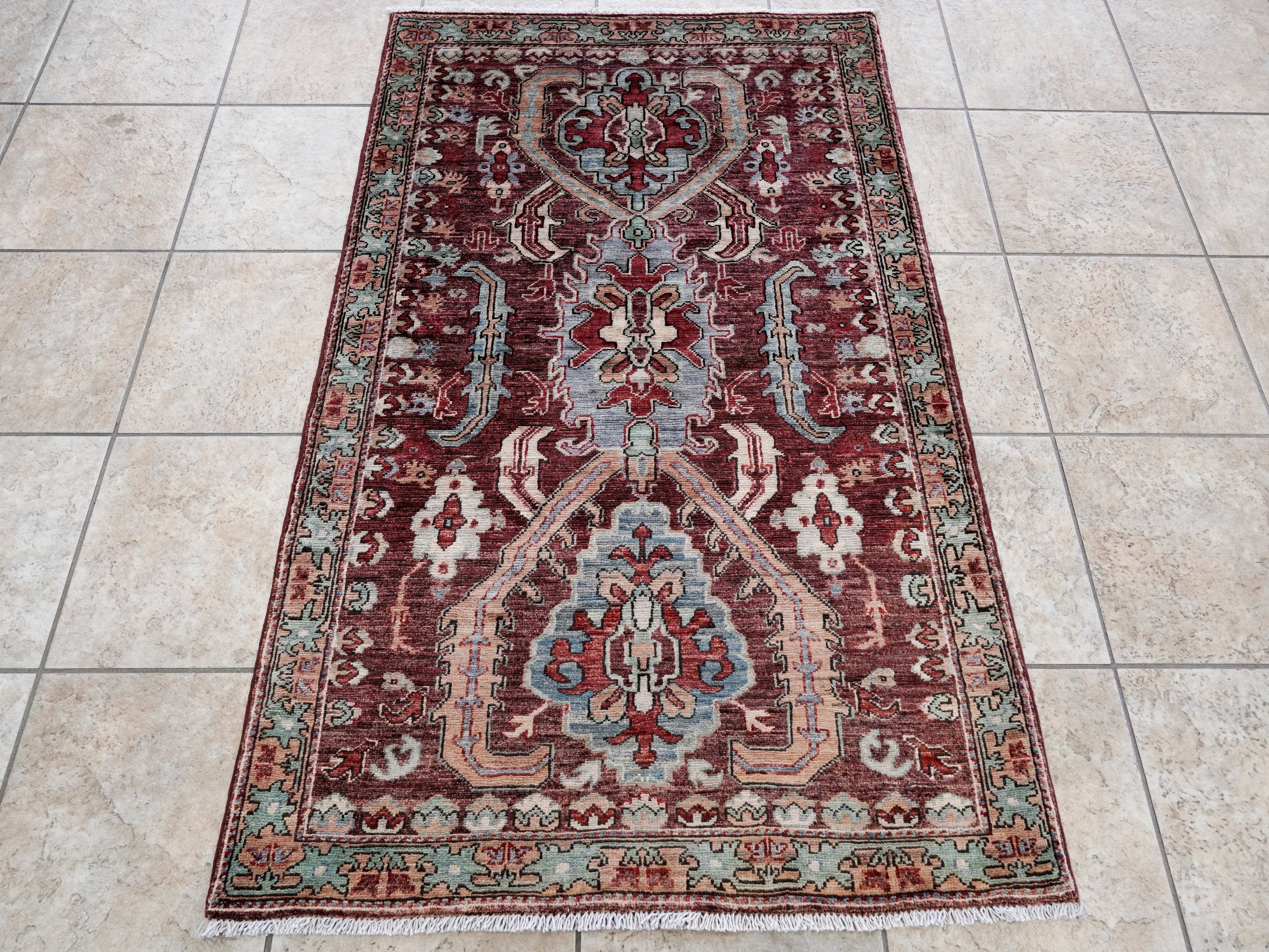 3x5 Ft Maroon Afghan Oriental Rug - Hand Knotted Area Rug