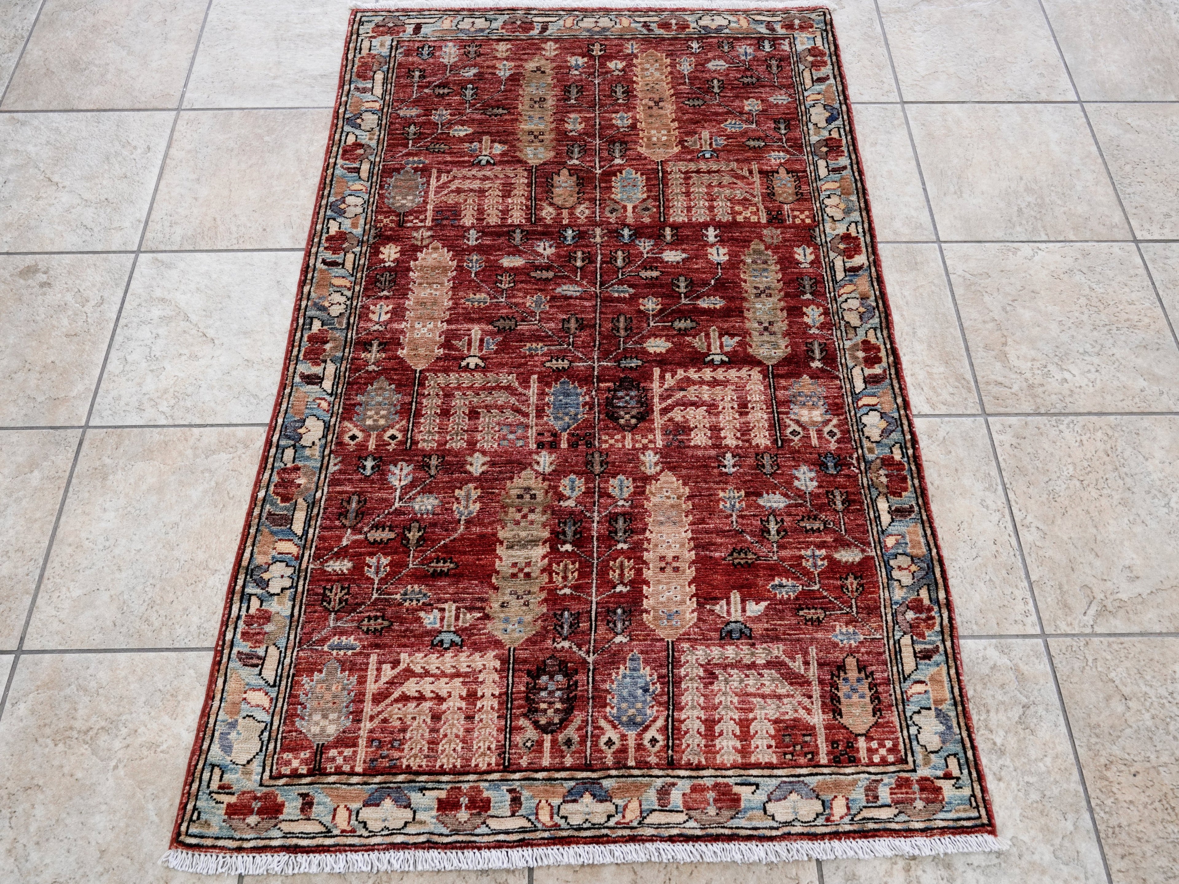 3x5 Ft Red Floral Rug - Hand Knotted Afghan Rug
