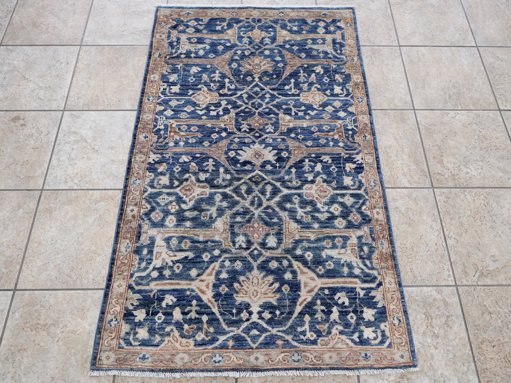 3x5 Ft Blue Afghan Oriental Rug - Hand Knotted Area Rug
