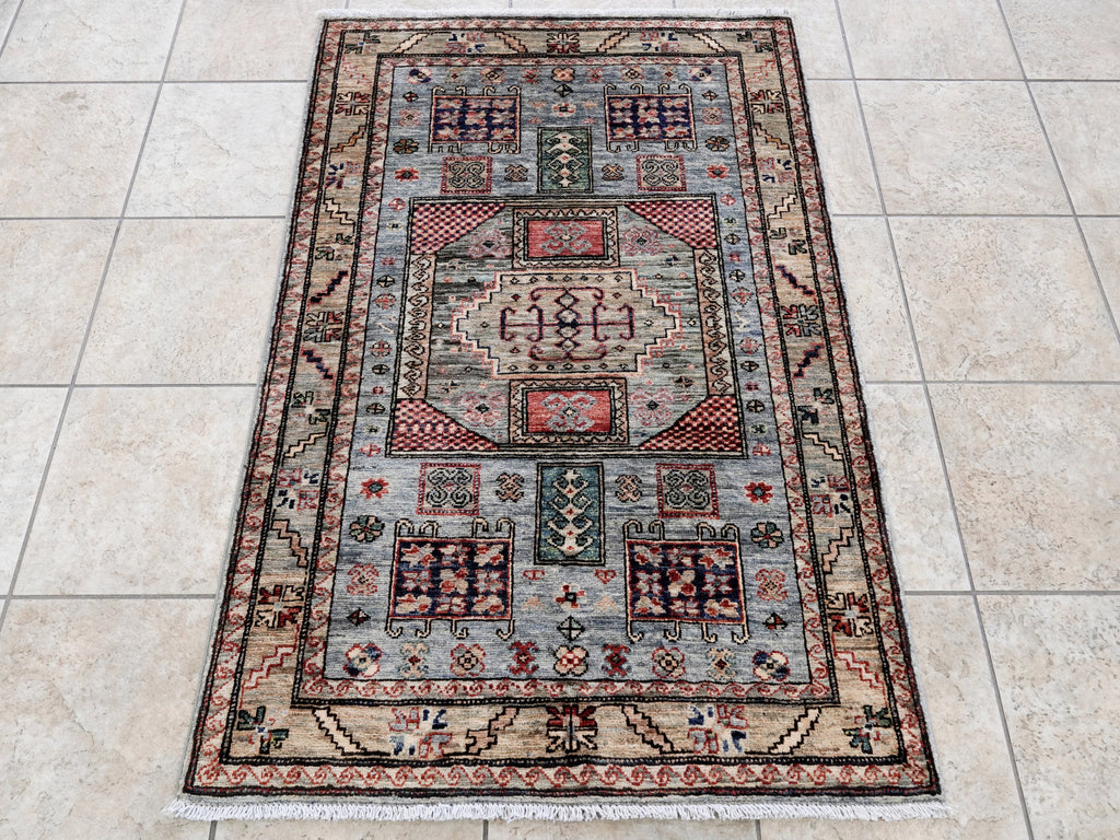 3x5 Ft Silver Afghan Oriental Rug - Hand Knotted Wool Rug