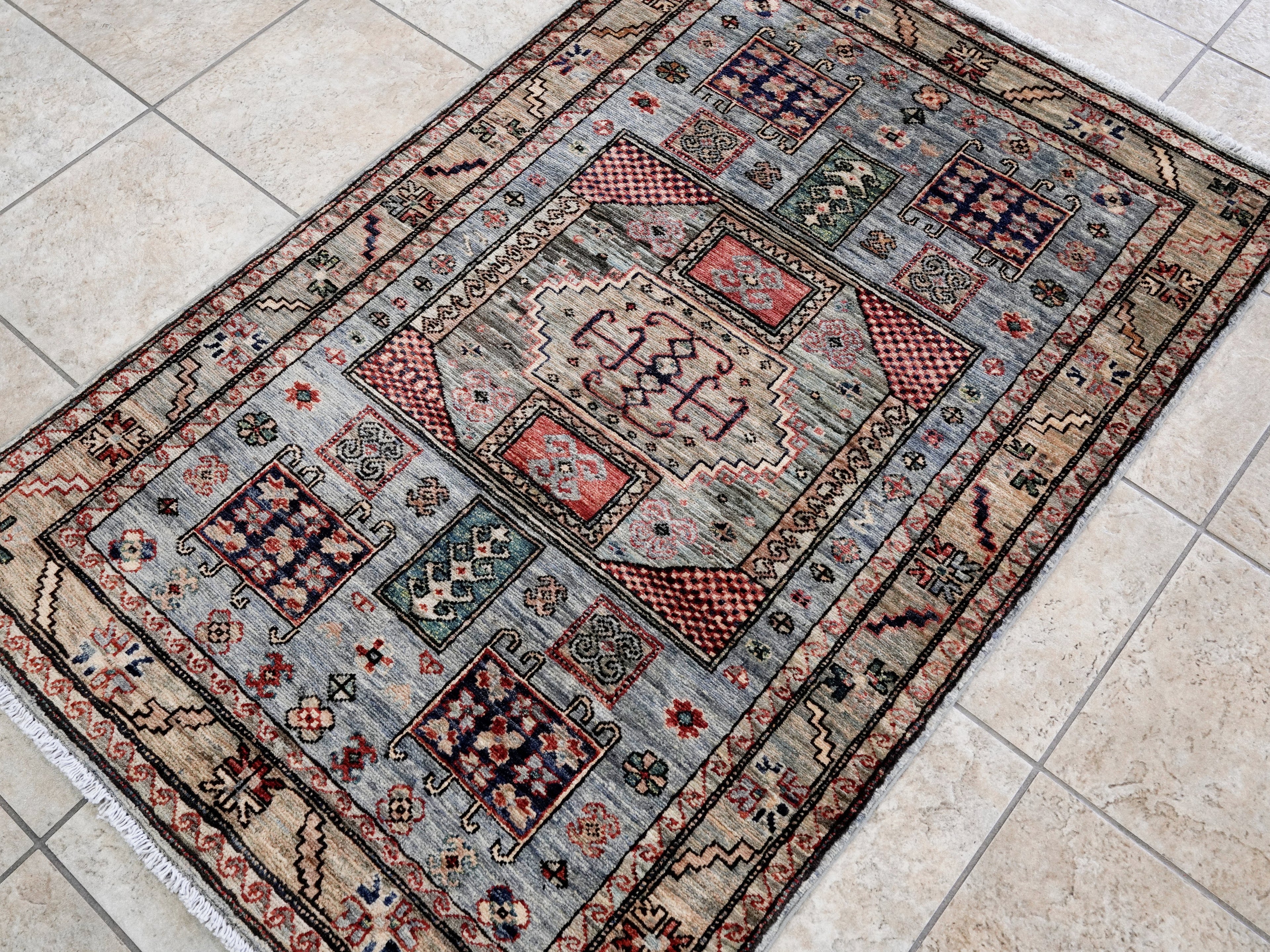 3x5 Ft Silver Afghan Oriental Rug - Hand Knotted Wool Rug