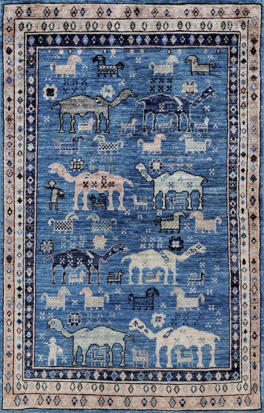 3x5 Ft Blue Camel Rug - Hand Knotted Afghan Rug - Animal Design