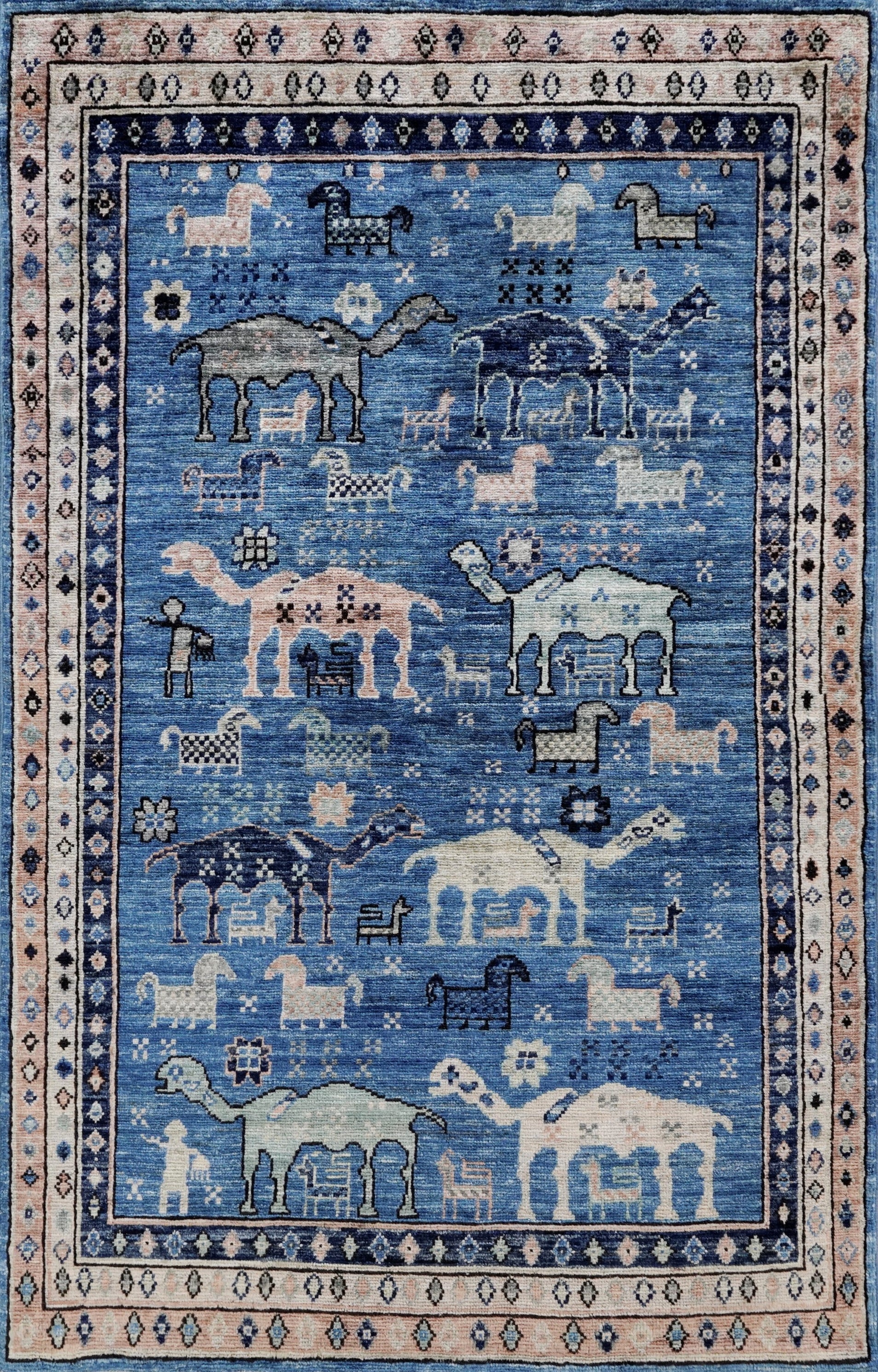 3x5 Ft Blue Camel Rug - Hand Knotted Afghan Rug - Animal Design