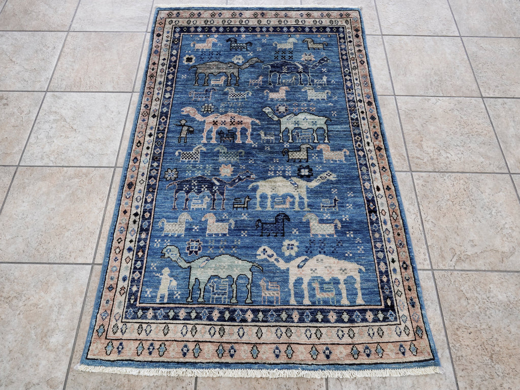 3x5 Ft Blue Camel Rug - Hand Knotted Afghan Rug - Animal Design