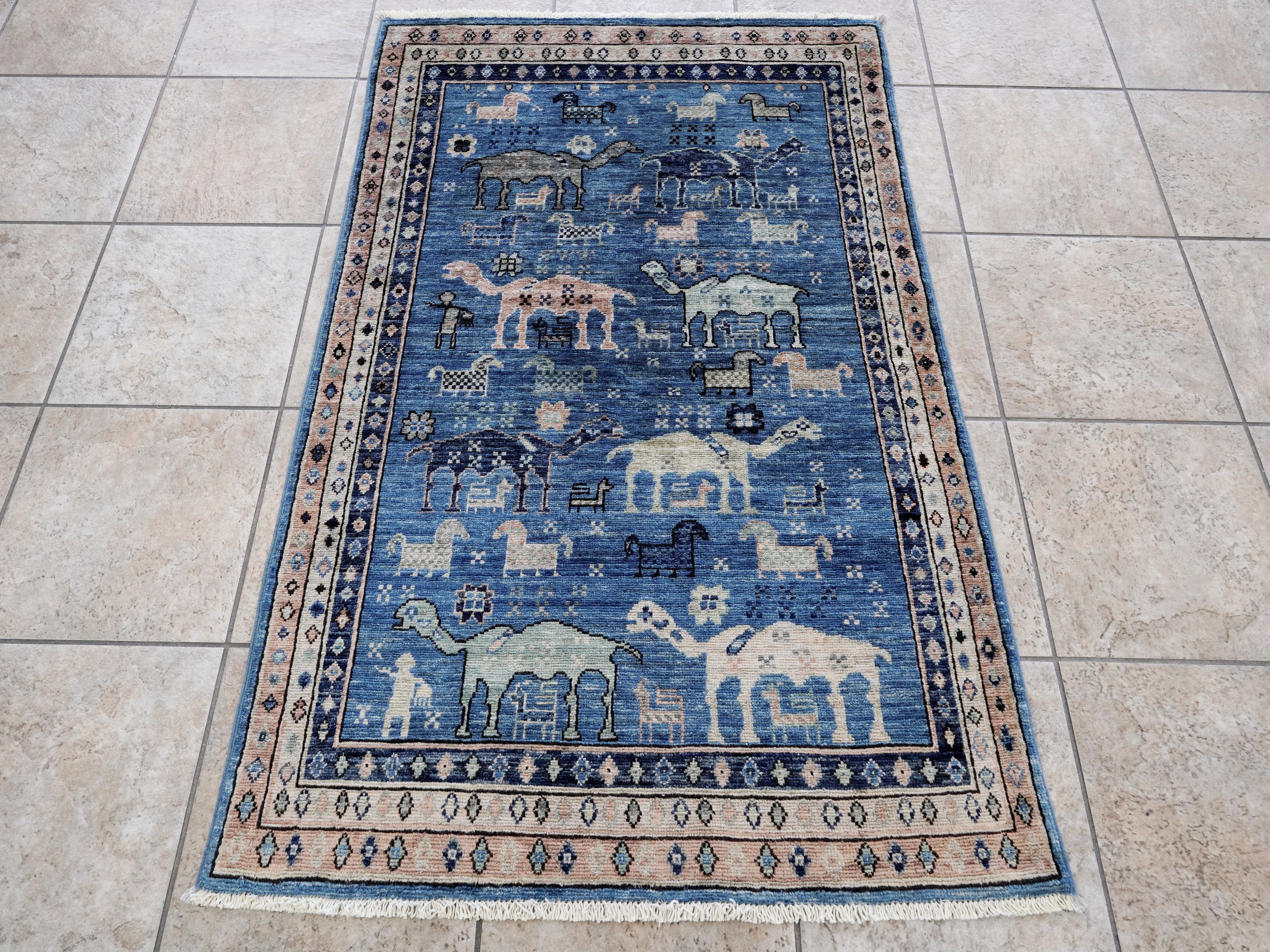 3x5 Ft Blue Camel Rug - Hand Knotted Afghan Rug - Animal Design