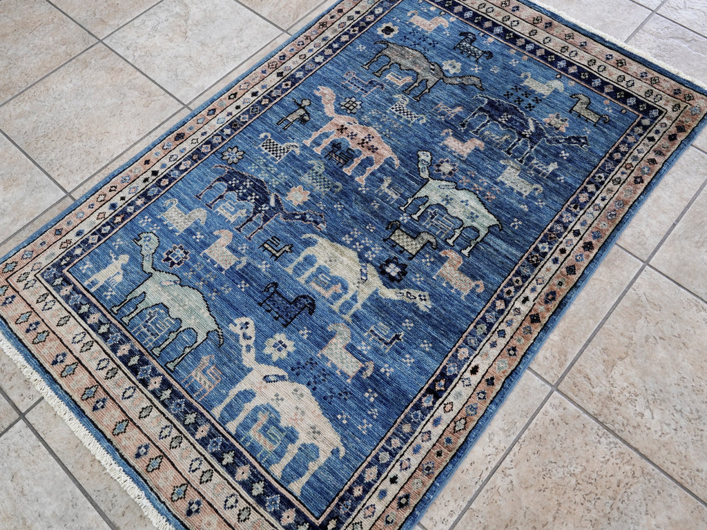 3x5 Ft Blue Camel Rug - Hand Knotted Afghan Rug - Animal Design