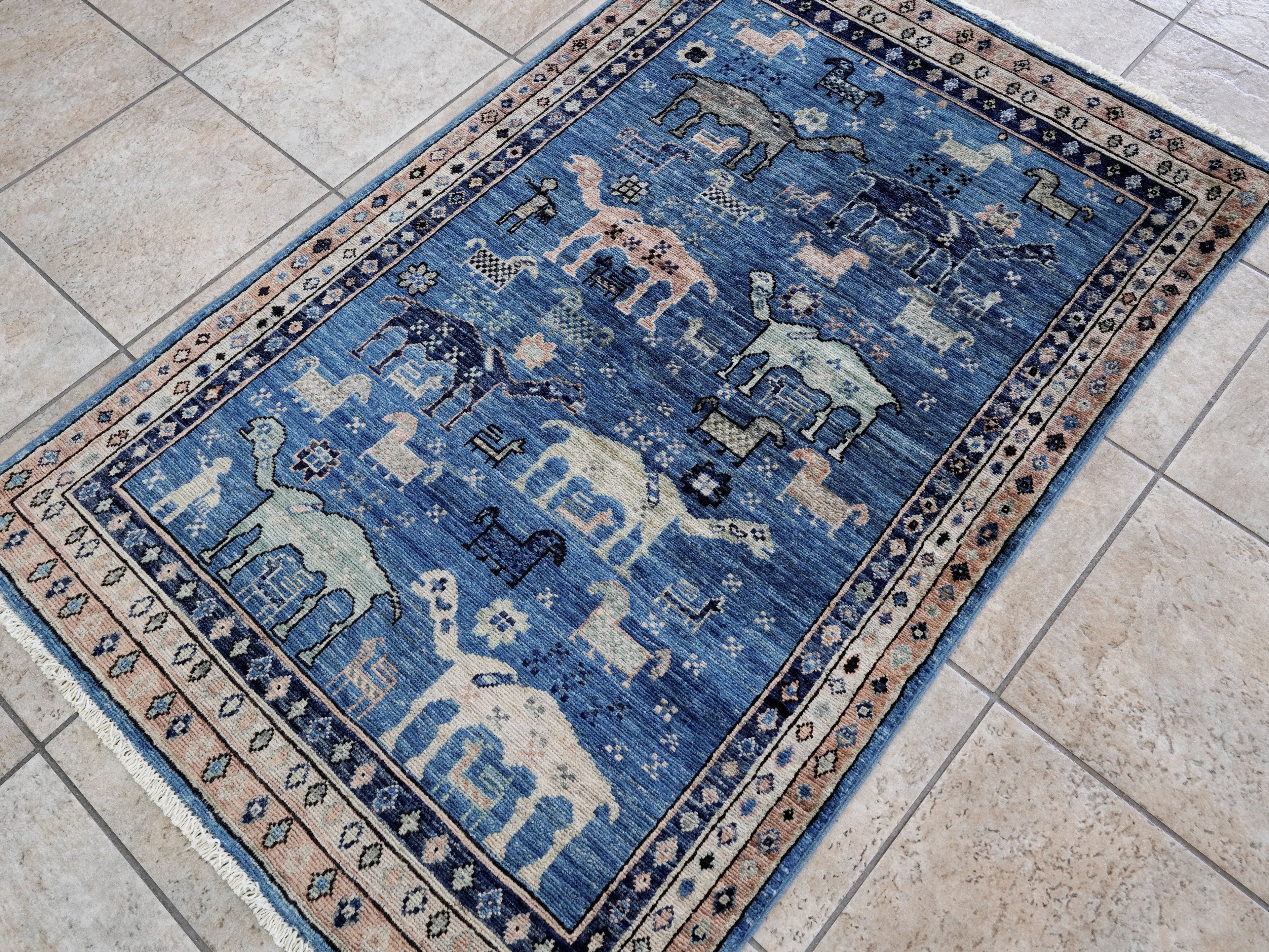 3x5 Ft Blue Camel Rug - Hand Knotted Afghan Rug - Animal Design