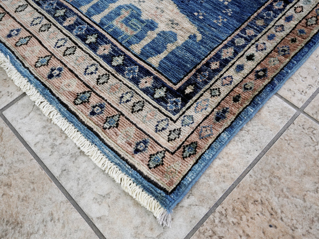 3x5 Ft Blue Camel Rug - Hand Knotted Afghan Rug - Animal Design