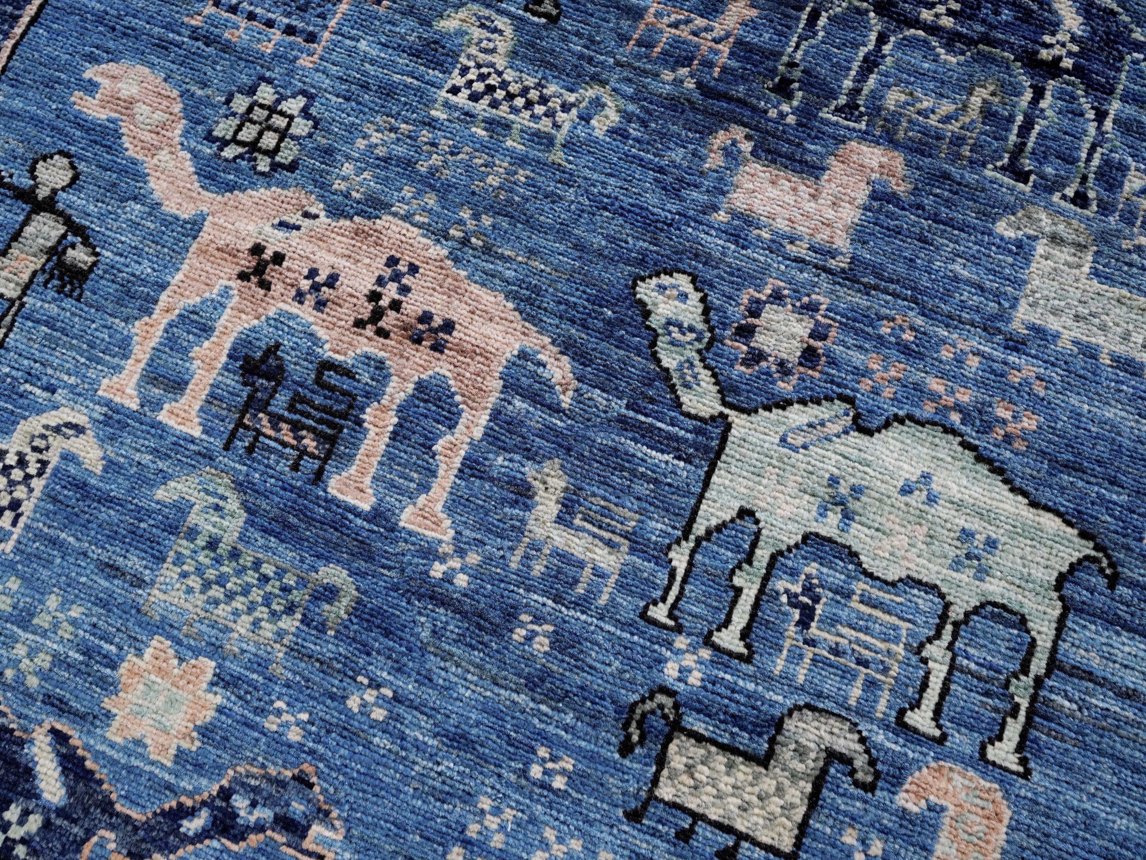 3x5 Ft Blue Camel Rug - Hand Knotted Afghan Rug - Animal Design