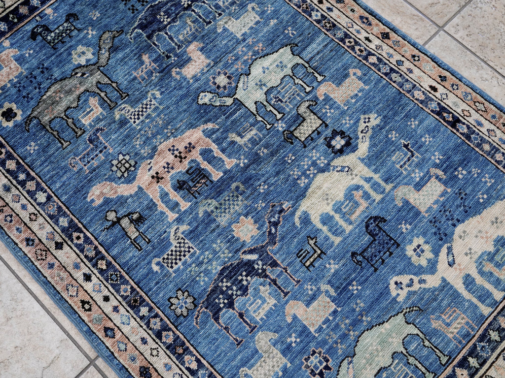 3x5 Ft Blue Camel Rug - Hand Knotted Afghan Rug - Animal Design