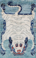 3x5 Ft Blue Tiger Rug - Hand Knotted Afghan Rug - Animal Design