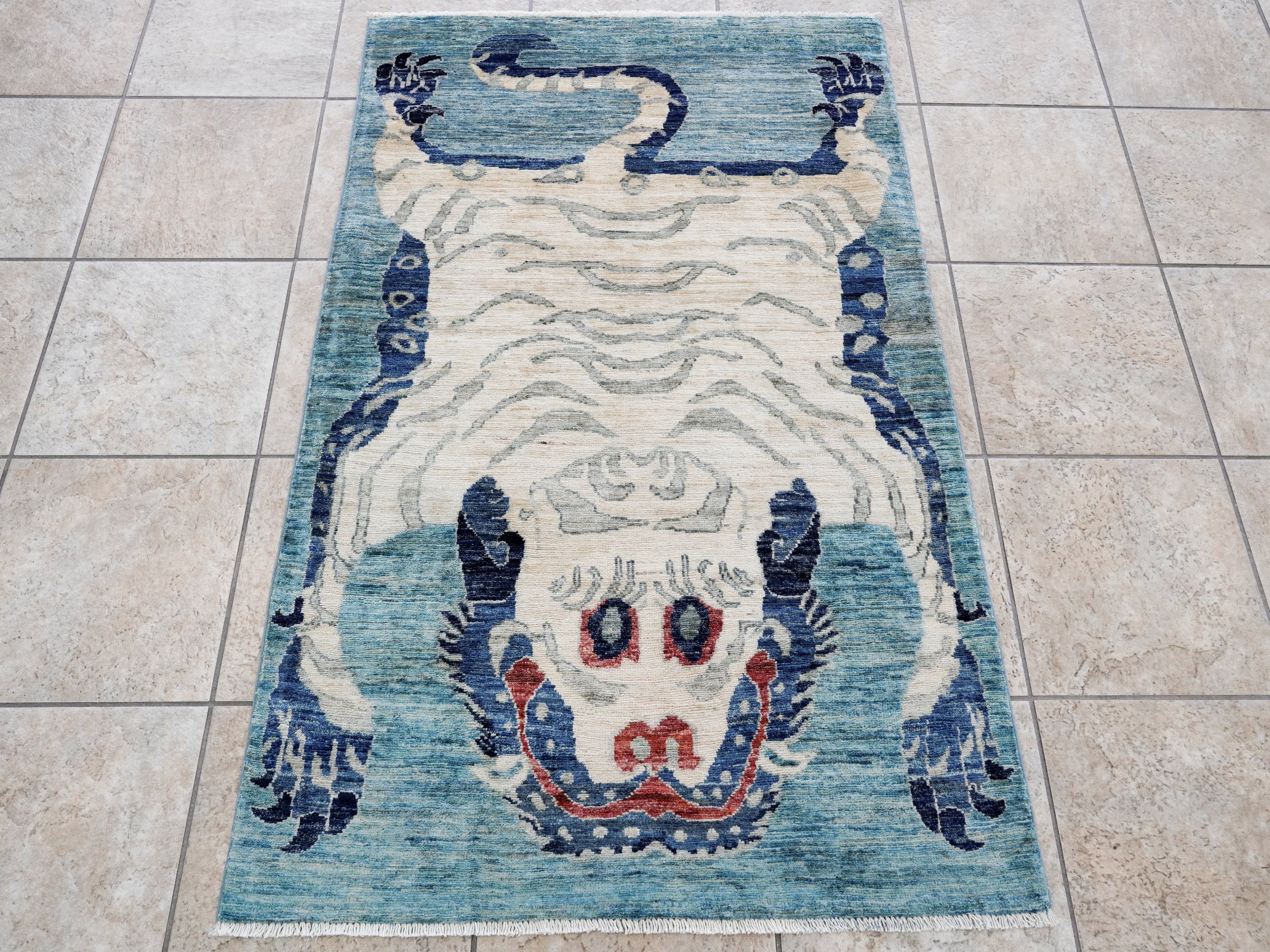3x5 Ft Blue Tiger Rug - Hand Knotted Afghan Rug - Animal Design