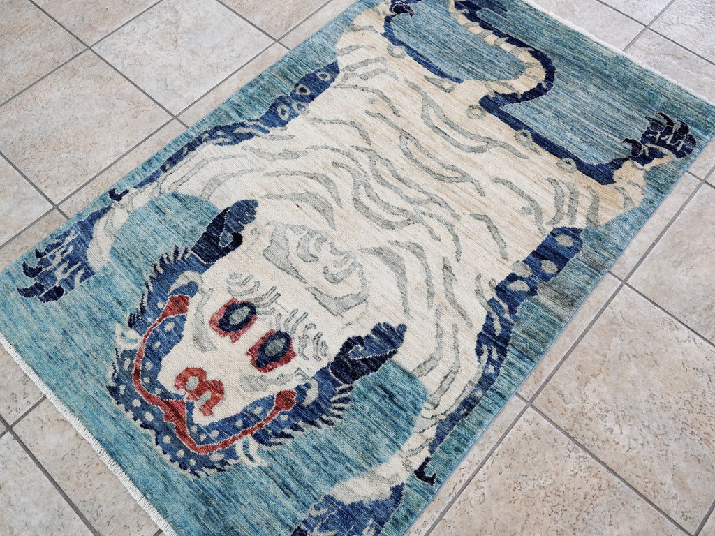 3x5 Ft Blue Tiger Rug - Hand Knotted Afghan Rug - Animal Design