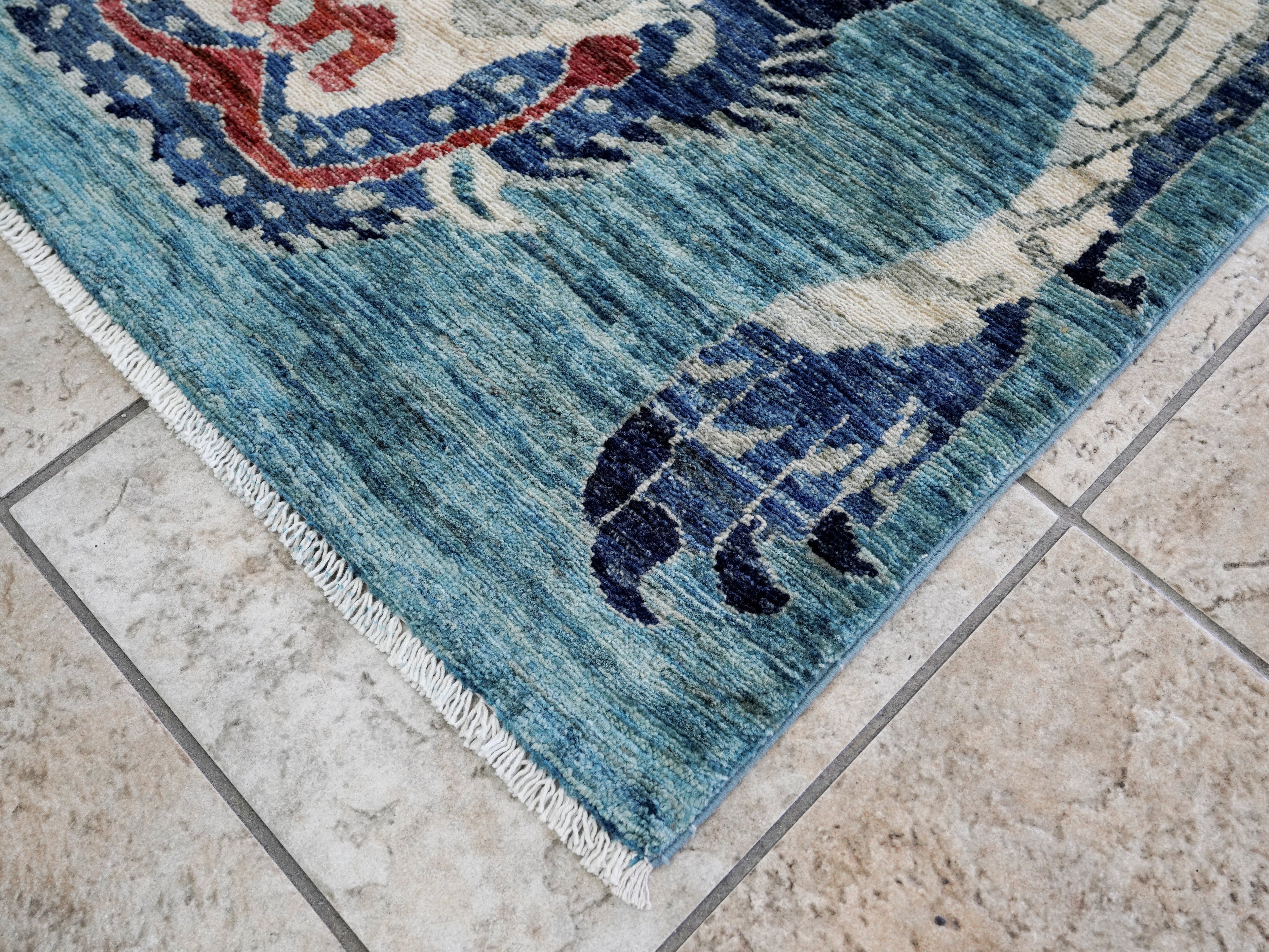 3x5 Ft Blue Tiger Rug - Hand Knotted Afghan Rug - Animal Design