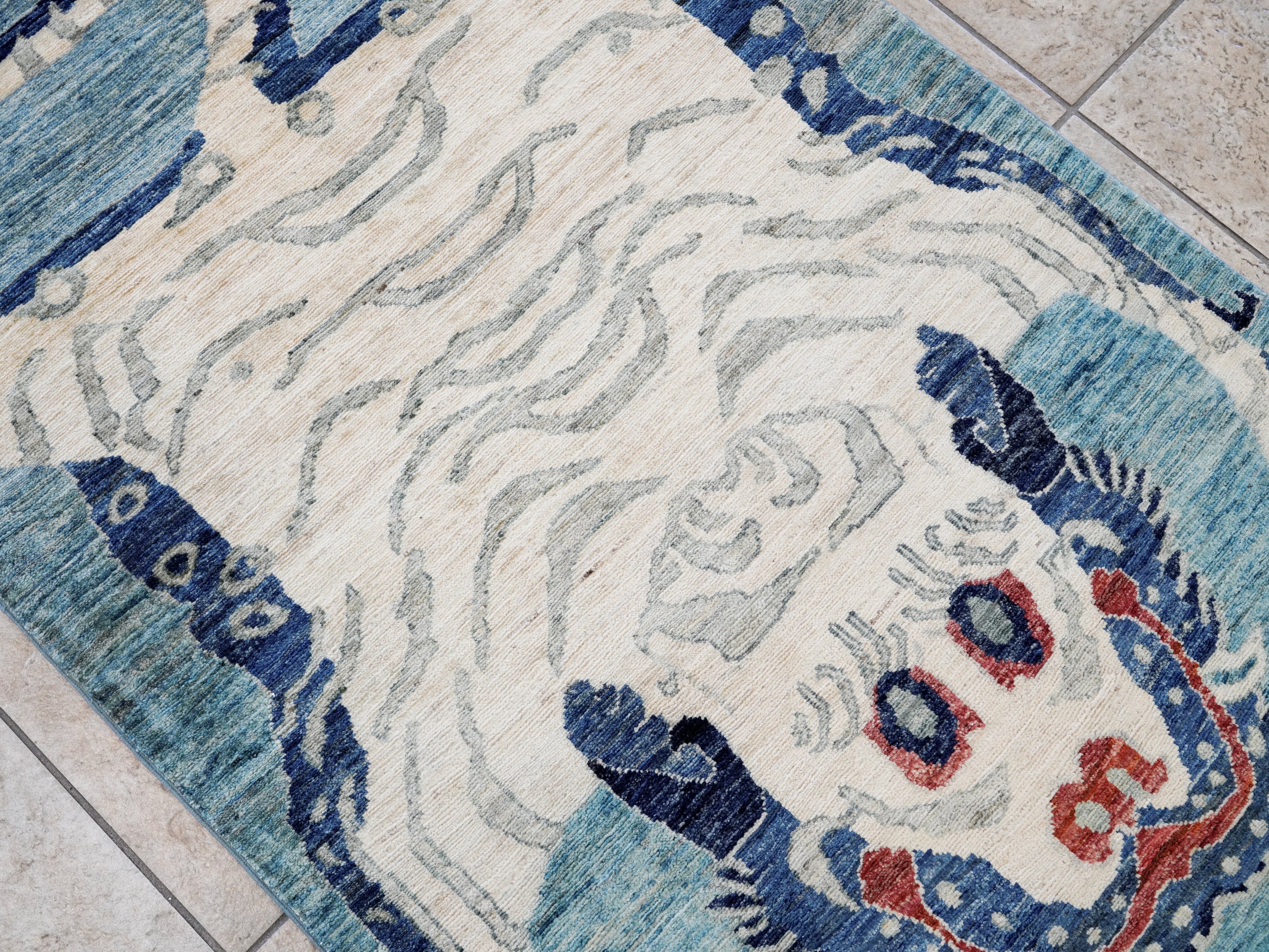 3x5 Ft Blue Tiger Rug - Hand Knotted Afghan Rug - Animal Design