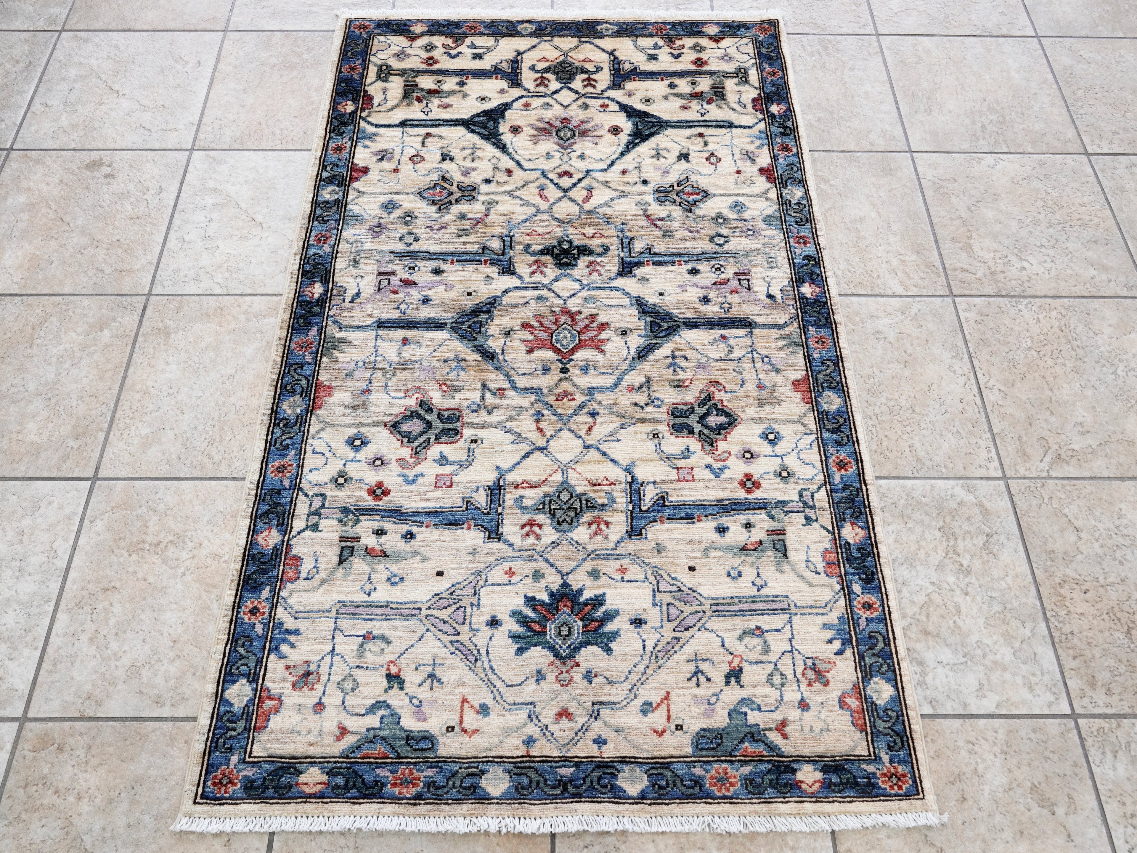 3x5 Ft Beige Afghan Oriental Rug - Hand Knotted Area Rug