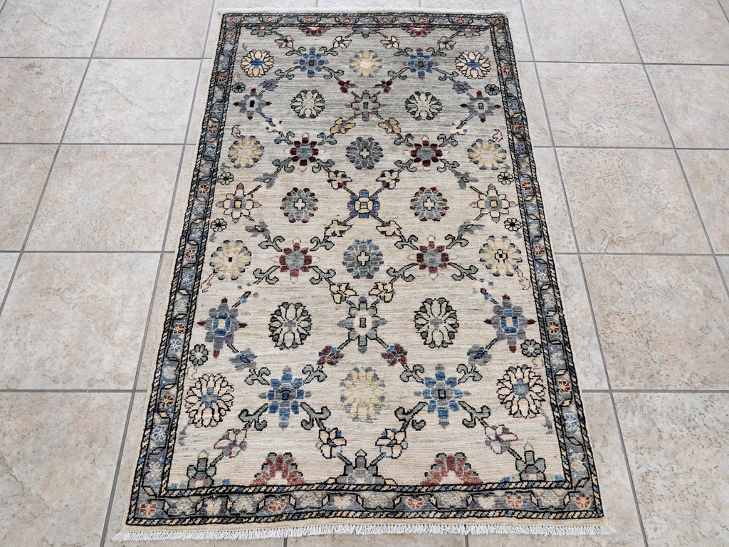 3x5 Ft Beige Floral Rug - Hand Knotted Afghan Rug
