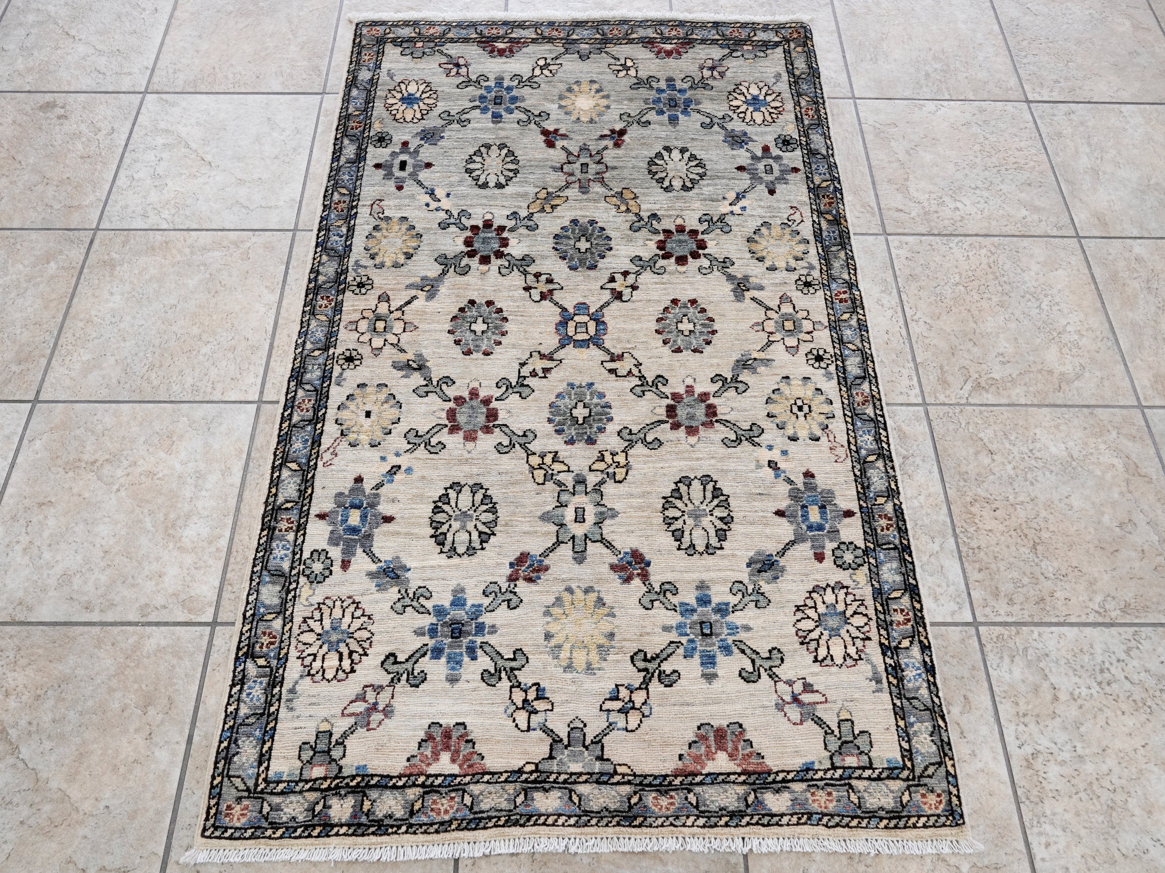 3x5 Ft Beige Floral Rug - Hand Knotted Afghan Rug