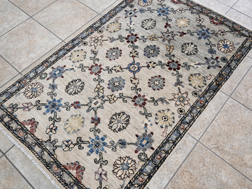 3x5 Ft Beige Floral Rug - Hand Knotted Afghan Rug