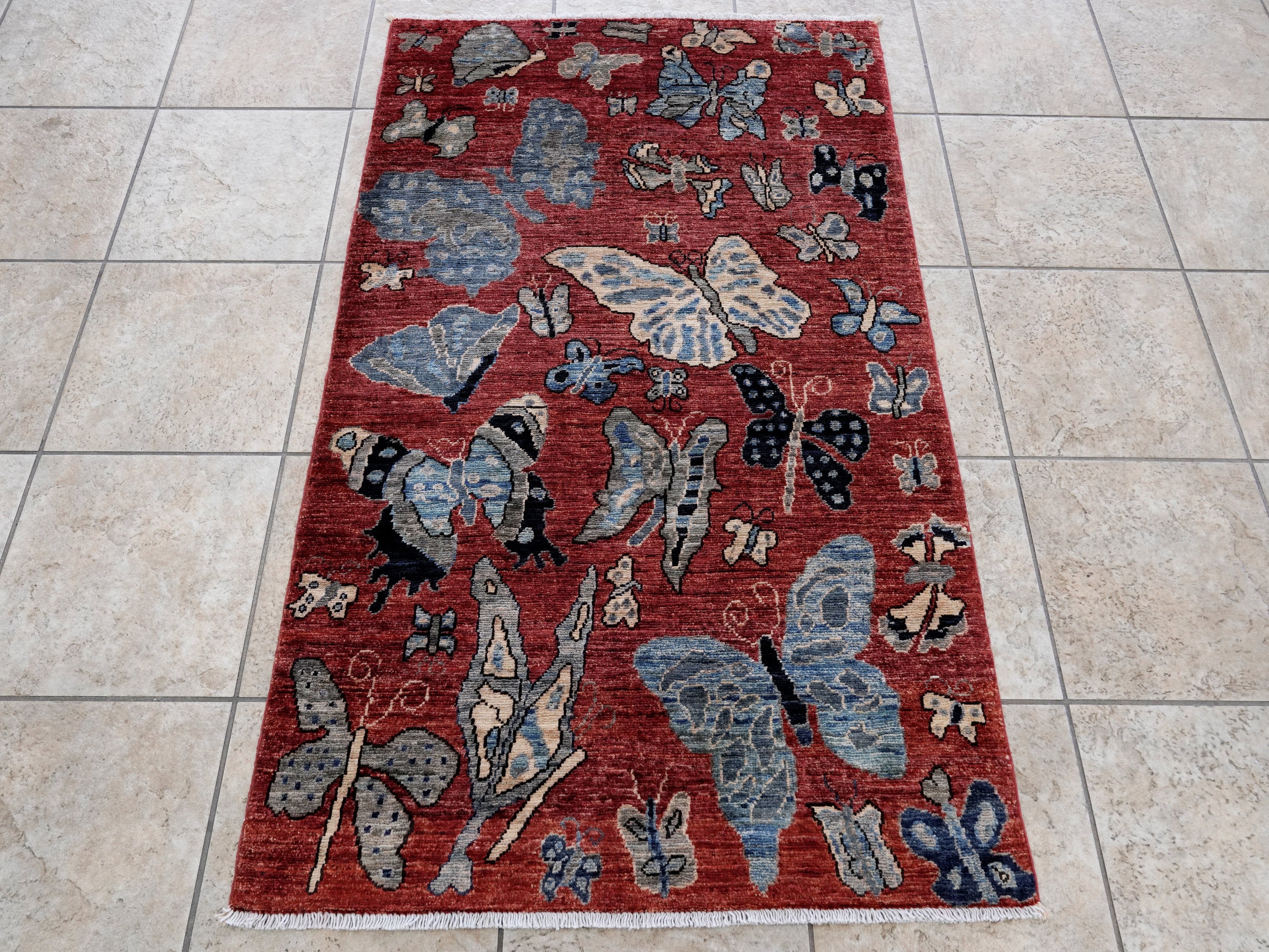 3x5 Ft Red Butterfly Rug - Hand Knotted Area Rug